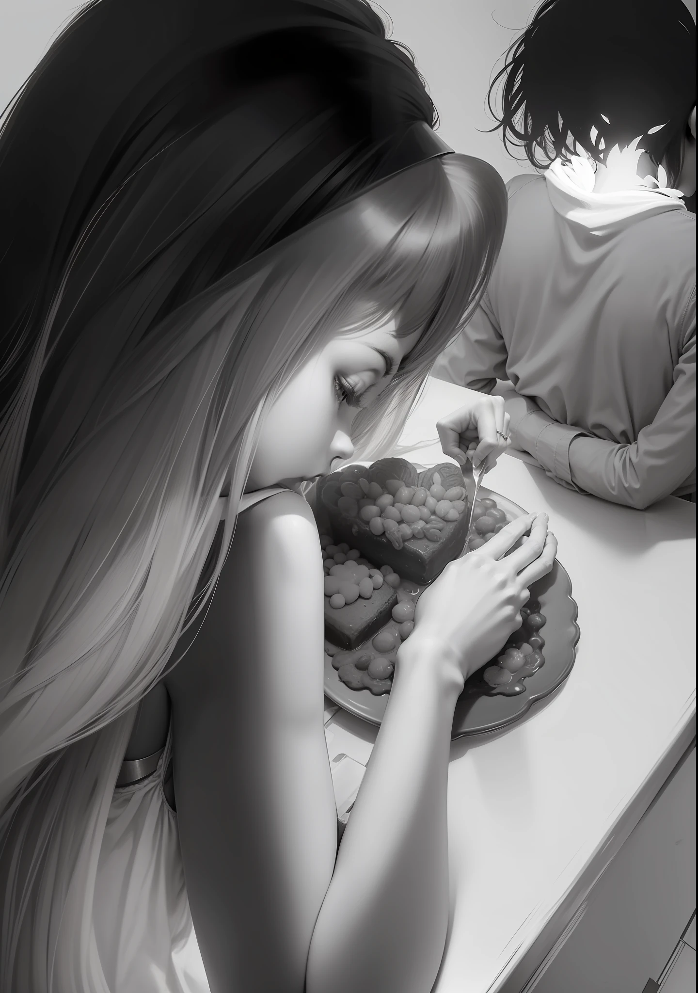 A couple eats,The woman turned her back on,blackandwhite