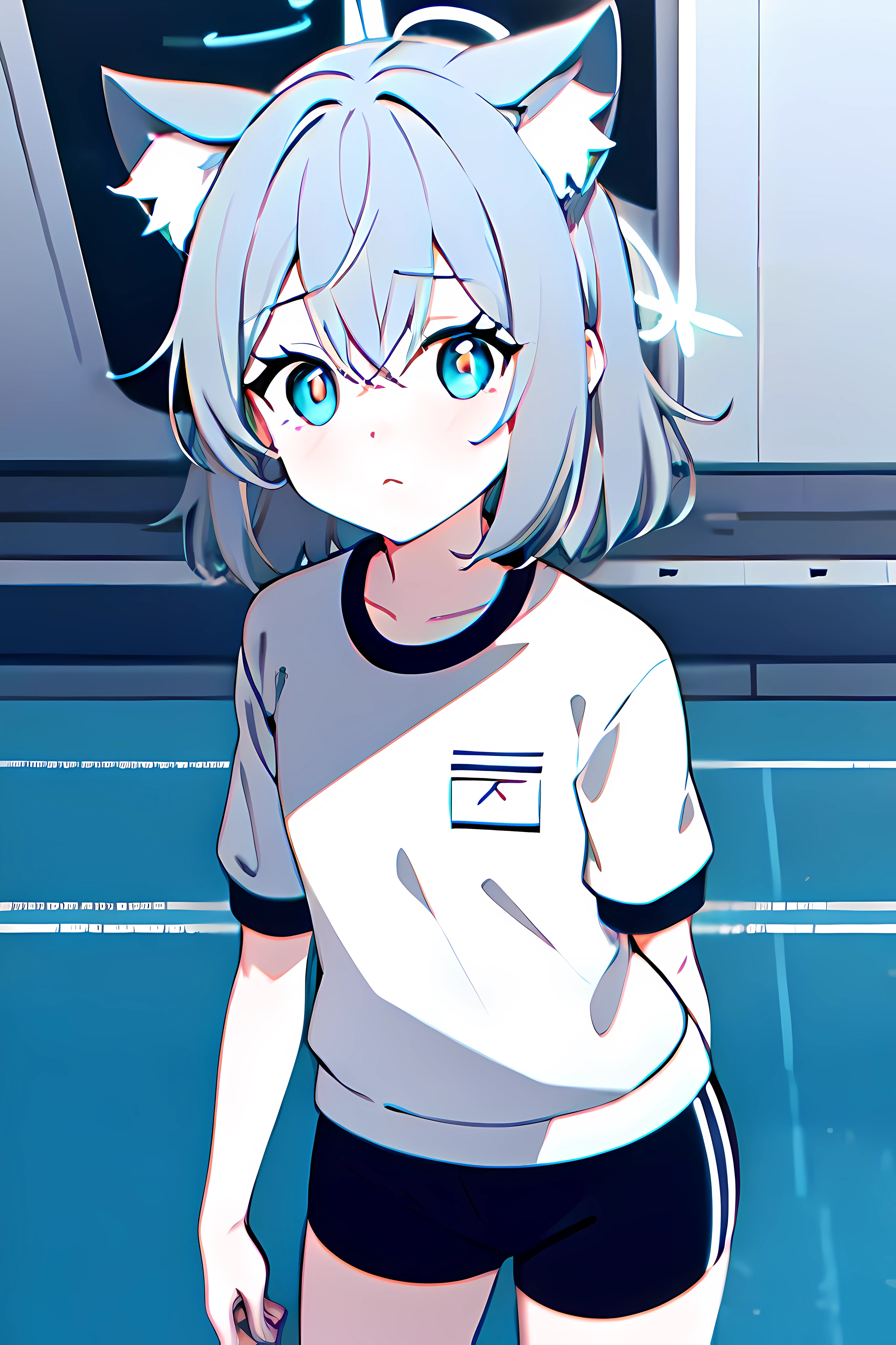 shiroko, 1girl, medium light grey hair letdown shoulder length, light gray wolf ears, cyan cross-shaped hairpin on her left, cyan halo, gym uniform, white t-shirt, dark gray shorts, standing, cyan eyes, pupils black on right, pupils white on left, looking at viewer