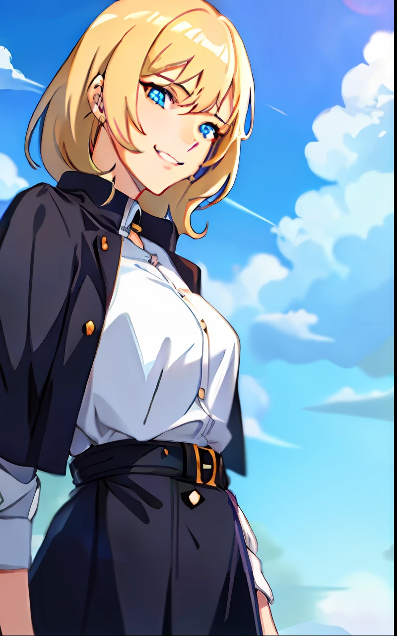 A young woman with blonde hair and features that reflect her English heritage , sorridente, (corpo inteiro, rosto detalhado), 
sentado em uma rocha, ao ar livre, blue skies, usando trench coat preta, detalhes medieval,
daylighting, estilo anime, (8K, UHD, contrata, hight resolution, melhor qualidade), 1girl, obra-prima, hiperdetalhada, realistic lighting, realista, low angle camera, (anime de alta qualidade, por Makoto Shinkai),