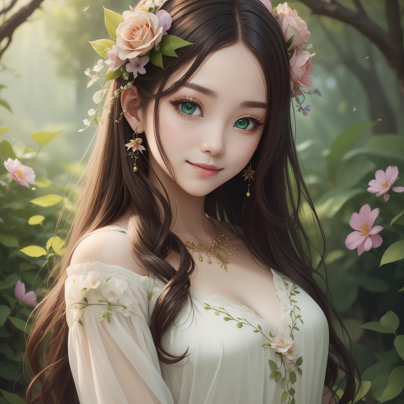 (MASTERPIECE)8K解像度、Beautiful woman loving flowers、brond、Long、Floral hair ornament on the head、Green eyes、adorable face、Sorrisos、model style、Fantasy style、