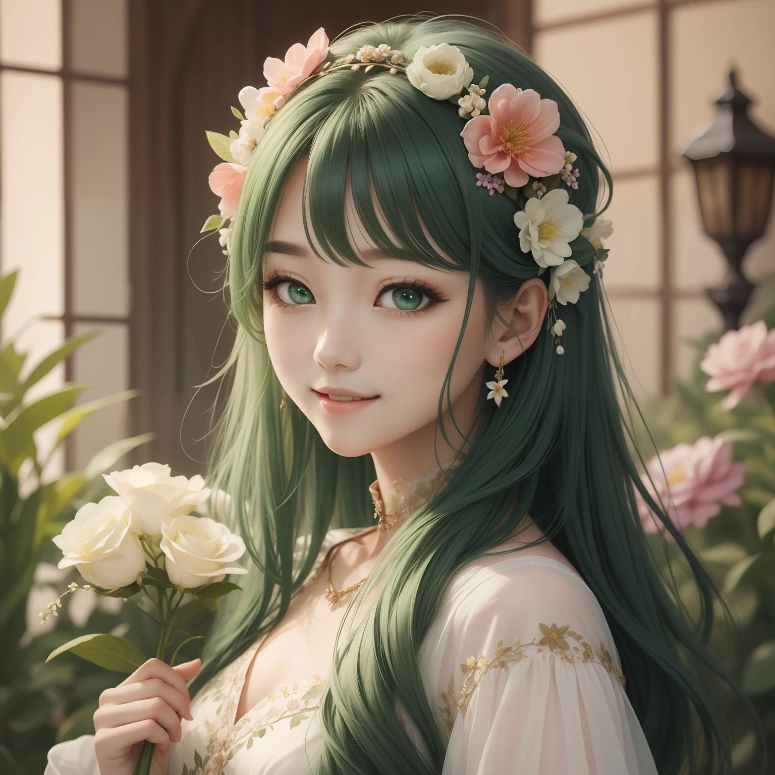 （MASTERPIECE）8K解像度、Beautiful woman loving flowers、brond、Long、Floral hair ornament on the head、Green eyes、adorable face、Sorrisos、model style、Fantasy style、