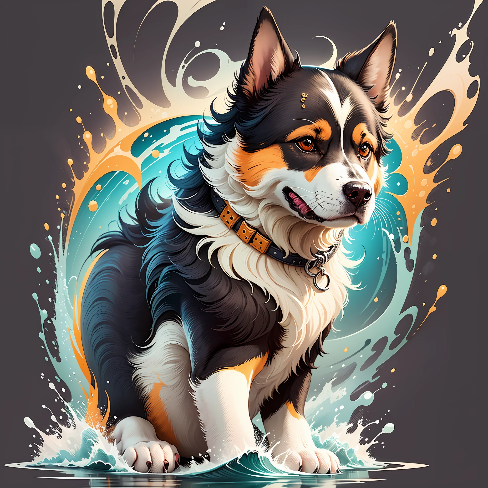 An emblematic logo of an dog of vibrant colors, water elements, simple design, vector art, minimal