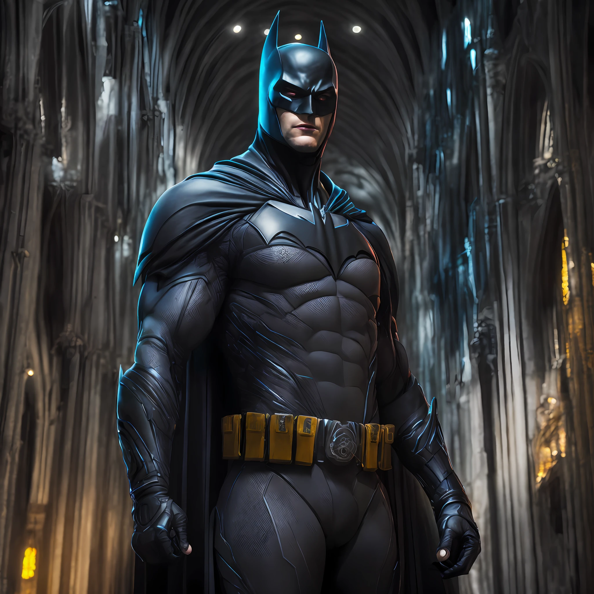 Dark portrait of DC comics Batman with intricate angular cybernetic implants inside a brutalist building, Gothic brutalist cathedral, cyberpunk, foto premiada, bokeh, neon lights, cybernetic limb --auto