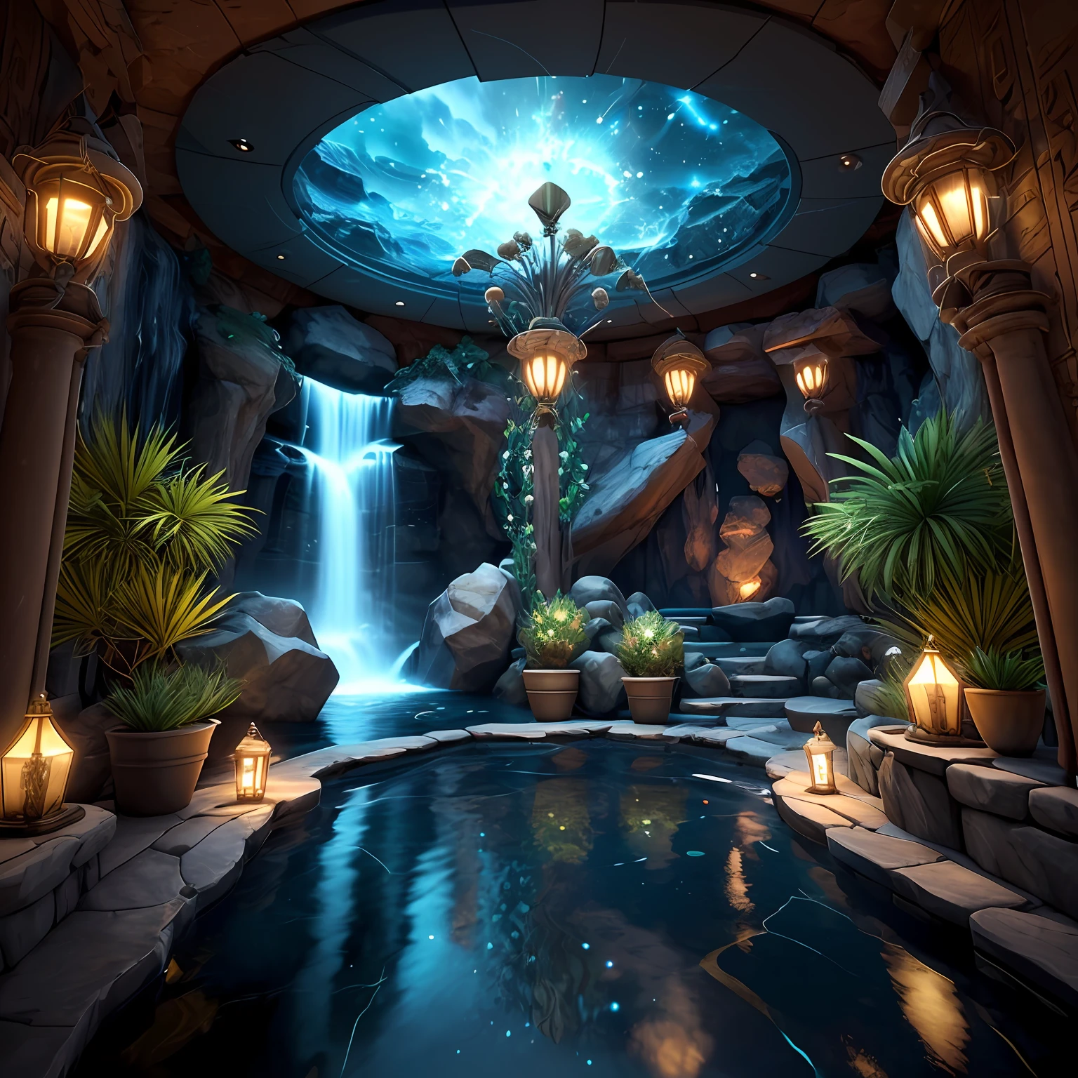 incredible Na'vi-inspired luxurious futuristic store interior in Ancient Egyptian style with many ((lush plants)) (lotus flowers), ((palm trees)), rocky walls, (sand), ((waterfalls)) (marble), ((precious minerals)), ((metals)), (gemstones), crystals, clouds and ((water)), (hieroglyphics), ((trees and plants made out of gemstones and precious minerals and lights)), (((ultra luxury))), (black marble) – with ((beautiful lights)), Unreal Engine, HQ, 16k