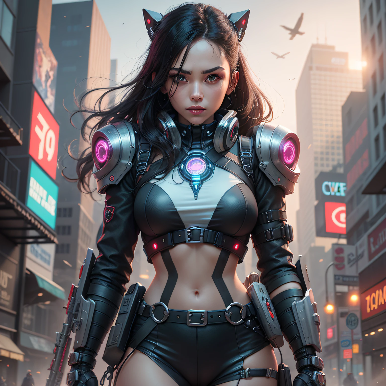 Welcome to a world of realism and fantasy, where beauty and technology meet in a masterpiece of the game. Inspired by artists like Phil Koch and Joseph Christian Leyendecker, this is a unique immersive experience that will transport you to the dystopian future of the Cyber Punk universe. You will find yourself in front of an impressive figure: a mature Brazilian woman, with a perfect and symmetrical face, with detailed eyes that shine with the energy of technology. Dressed in clothes from the Cyber Punk universe, she is a cybernetic warrior, with implants in her head and body that grant her incredible abilities. Armed to the teeth, she's ready to take on any challenge the night town of Cyber Punk might throw her way. With her arsenal of futuristic weapons and cybernetic abilities, she is a force to be reckoned with in a world where technology is ubiquitous. With incredible graphics that combine elements of realism and fantasy, this is a masterpiece of the game that will transport you to a world of advanced technology and relentless action. Feel the adrenaline rush as the cybernetic warrior races through the dark streets of the city, facing dangerous enemies and navigating the challenges of the futuristic world. With an engaging story and memorable characters, you'll be taken into a dystopian universe where technology is the key to survival. This is a masterpiece of the game that will challenge your skills and your imagination, providing a gaming experience like no other. Venture into this night town of Cyber Punk and discover the secrets of the cyber warrior.