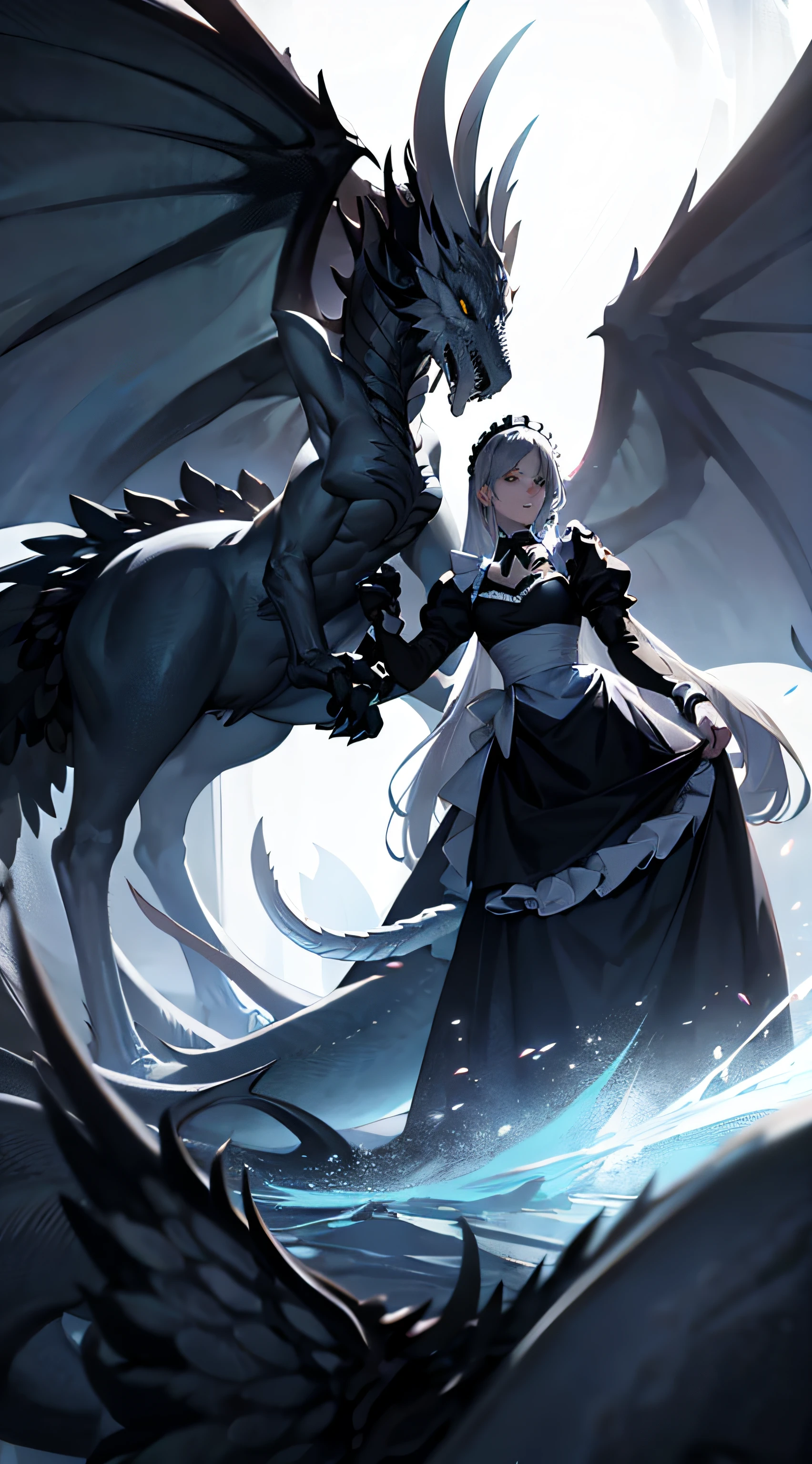 Silver Hair,Maid outfit,gal girl,Surrounded by white dragons,4k分辨率,More details,Higher quality,Perfect Composition,Cinematic lighting,(crisp smooth lines)