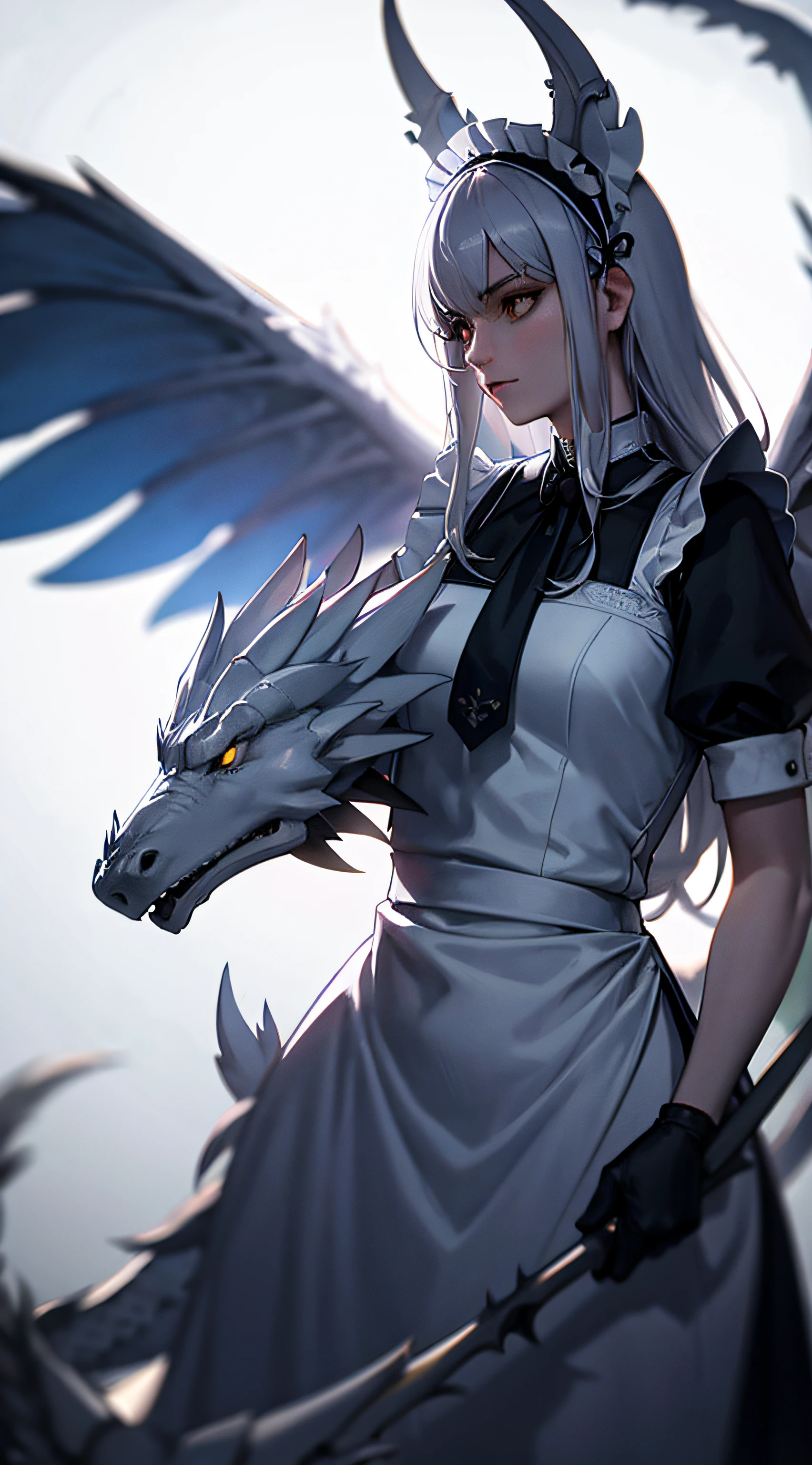Silver Hair,Maid outfit,gal girl,Surrounded by white dragons,4k分辨率,More details,Higher quality,Perfect Composition,Cinematic lighting,(crisp smooth lines)