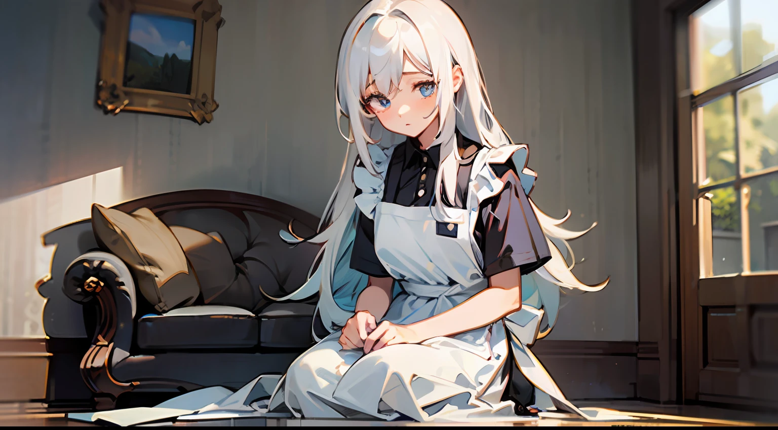 master masterpiece,Best quality,gal girl,Long White Hair,Wear an apron,sitting on ground,Crys,livingroom