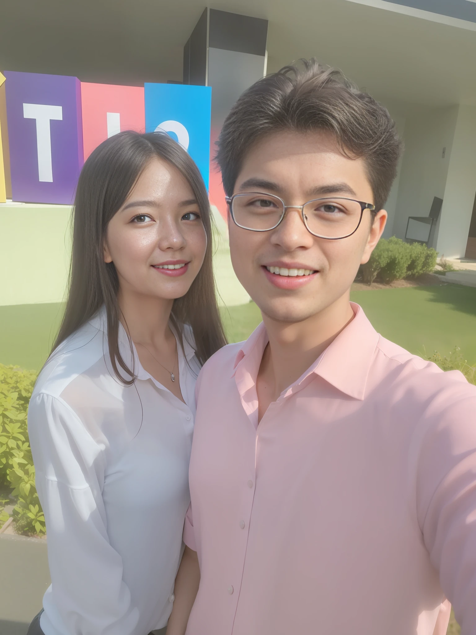 they are posing for a picture outside of a building with a sign, 8k selfie photograph, ruan jia and brom, happy couple, profile picture, tyler edlin and natasha tan, profile pic, lovely couple, profile image, avatar image, profile picture 1024px, couple, photo taken in 2 0 2 0, selfie photo, couple pose, ultra hd, clear photo, beautiful background, cute couple, cartoon faces, neat hairstyles, high resolution,