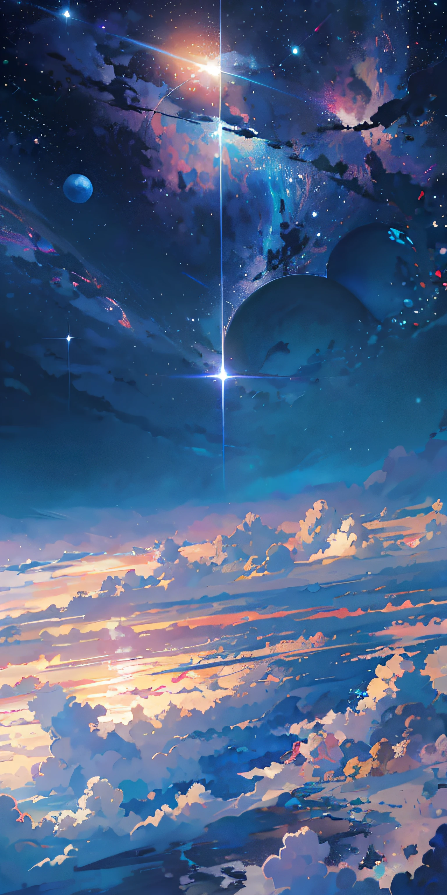 anime - style scene of a beautiful sky with a star and a planet, cosmic skies. by makoto shinkai, anime art wallpaper 4k, anime art wallpaper 4 k, anime art wallpaper 8 k, anime wallpaper 4k, anime wallpaper 4 k, 4k anime wallpaper, anime sky, amazing wallpaper, anime background, heaven planet in background, anime background art