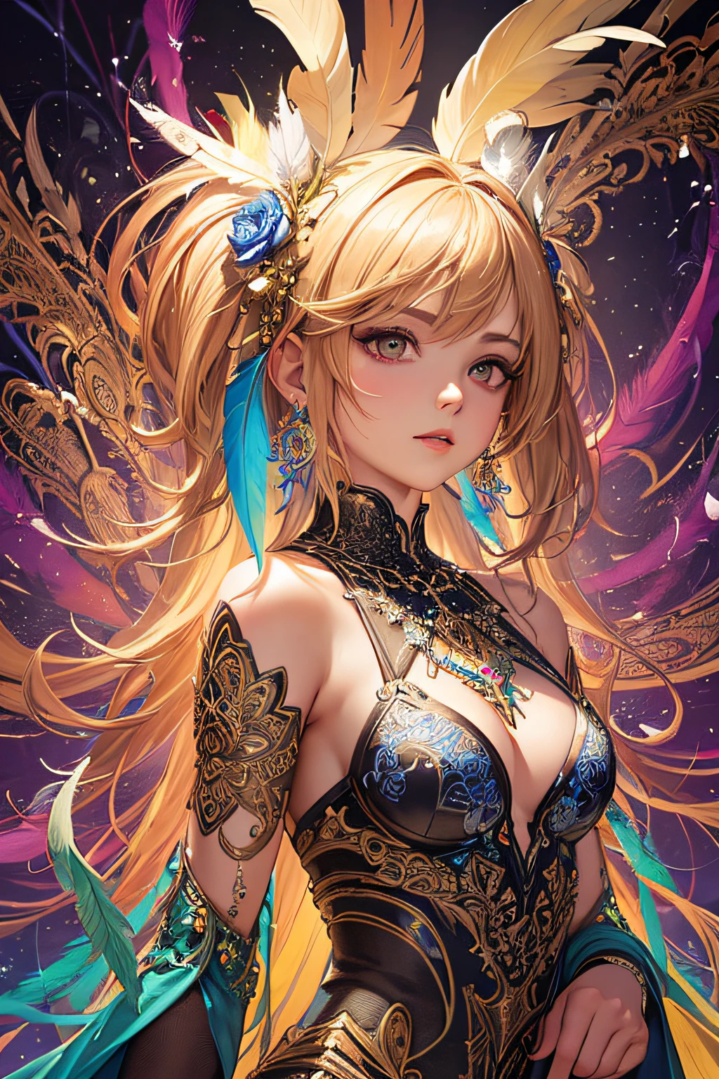 A girl with small breasts, bare shoulders, golden hair, colored feathers, metal ornaments, colored flowers, particles, light rays, (masterpiece, top quality, best quality, official art, beautiful and aesthetic:1.2), (1girl:1.3), extremely detailed,(fractal art:1.1),(colorful:1.1)(flowers:1.3),highest detailed,(zentangle:1.2), (dynamic pose), (abstract background:1.3), (shiny skin), (many colors :1.4), ,(earrings:1.4), (feathers:1.4)