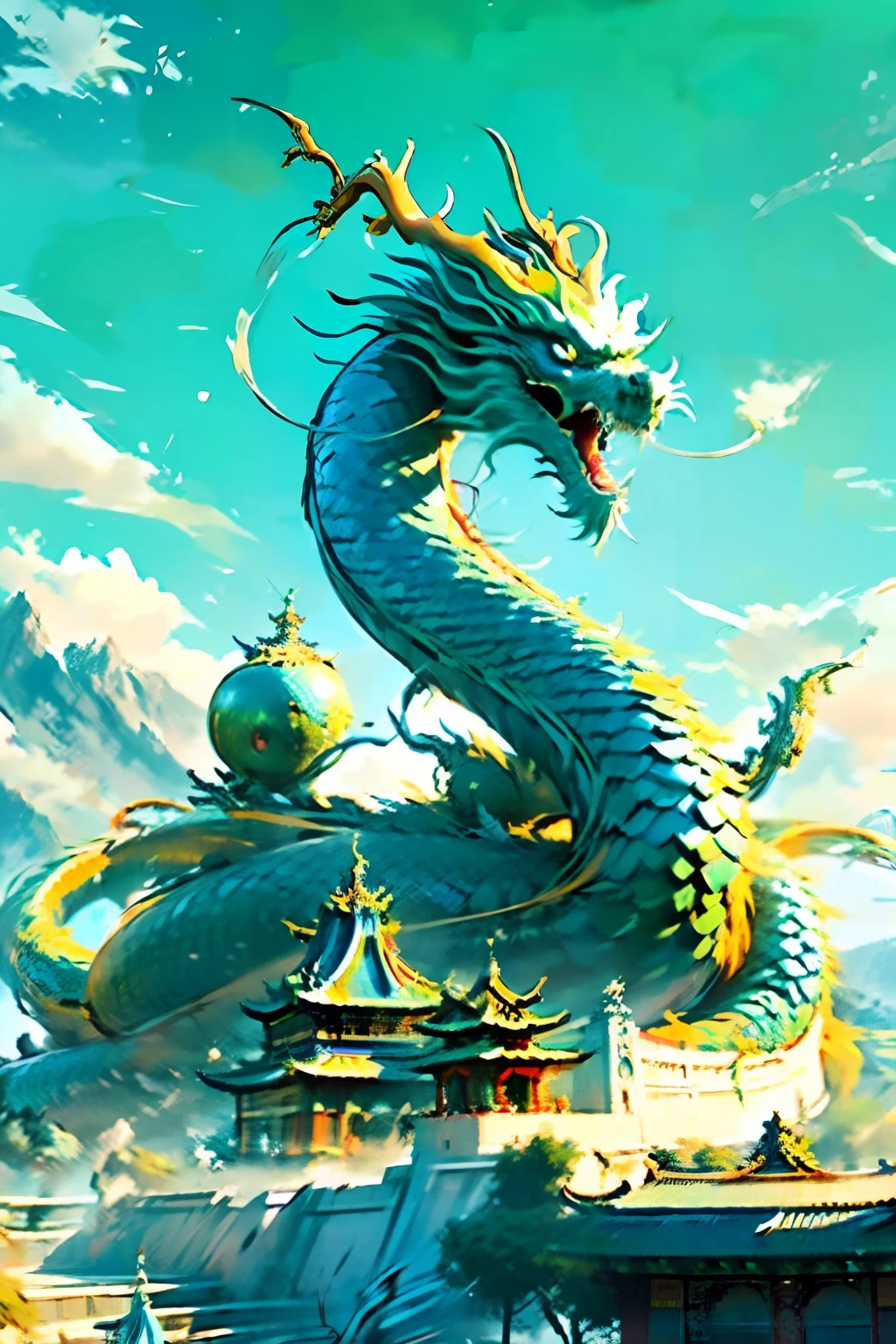 Best quality,masterpiece,ultra high res,nu no humans, (long:1.2),eastern dragon, east asian architecture, sky, architecture, outdoors, cloud, day, mountain, open mouth, blue sky, teeth, scales, sharp teeth, horns, glowing, fangs, tree, glowing eyes, pagoda, scenery