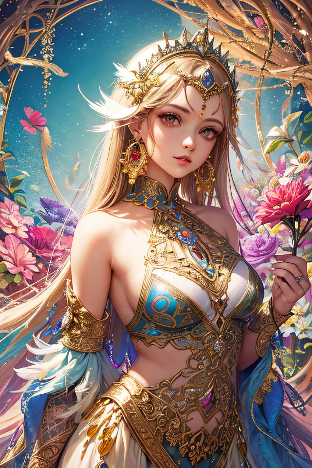 A girl with small breasts, bare shoulders, golden hair, colored feathers, metal ornaments, colored flowers, particles, light rays, (masterpiece, top quality, best quality, official art, beautiful and aesthetic:1.2), (1girl:1.3), extremely detailed,(fractal art:1.1),(colorful:1.1)(flowers:1.3),highest detailed,(zentangle:1.2), (dynamic pose), (abstract background:1.3), (shiny skin), (many colors :1.4), ,(earrings:1.4), (feathers:1.4)