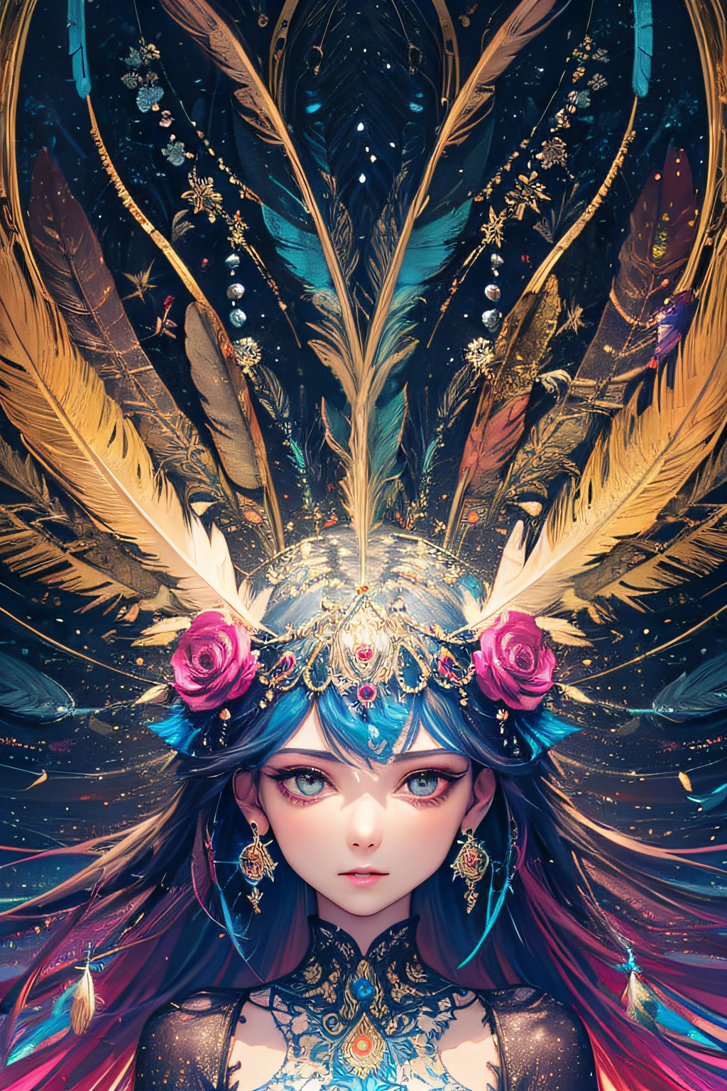 A girl with small breasts, bare shoulders, golden hair, colored feathers, metal ornaments, colored flowers, particles, light rays, (masterpiece, top quality, best quality, official art, beautiful and aesthetic:1.2), (1girl:1.3), extremely detailed,(fractal art:1.1),(colorful:1.1)(flowers:1.3),highest detailed,(zentangle:1.2), (dynamic pose), (abstract background:1.3), (shiny skin), (many colors :1.4), ,(earrings:1.4), (feathers:1.4)