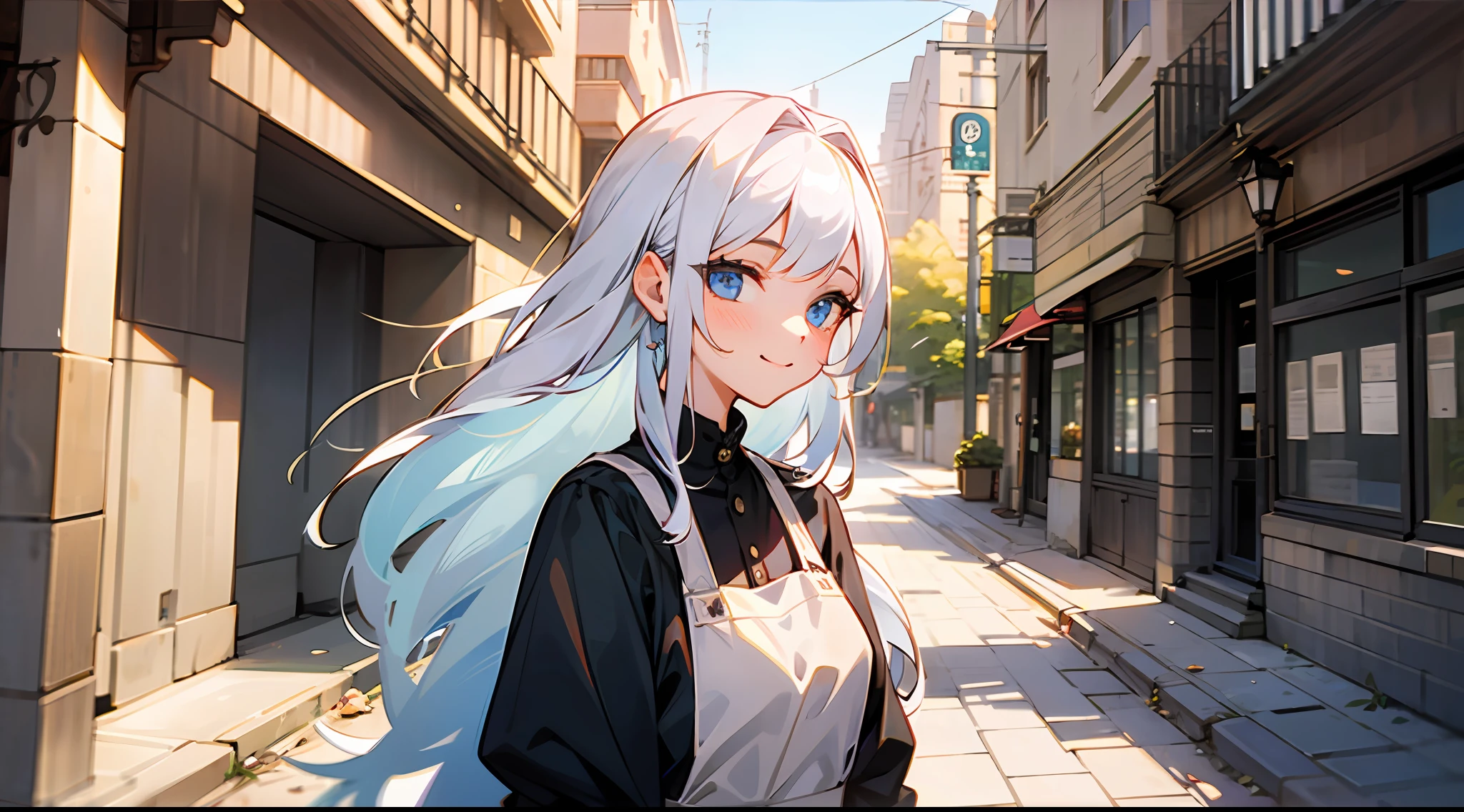 Meisterwerk,Best quality,gal girl,Long White Hair,Wear an apron,The expression is happy,Street side