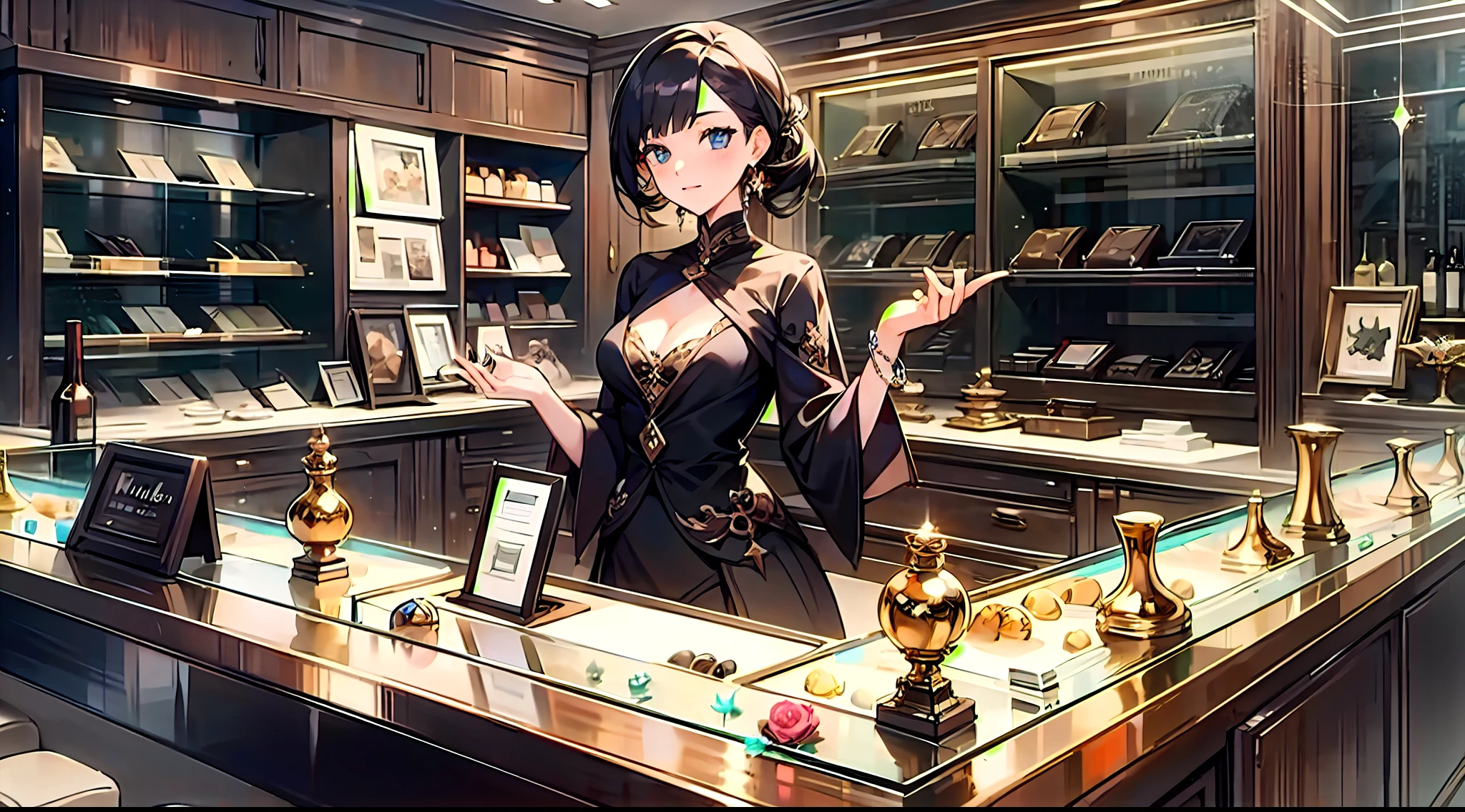 Meisterwerk，Best quality，Female shop assistant，High luxury jewelry store，counter，jeer