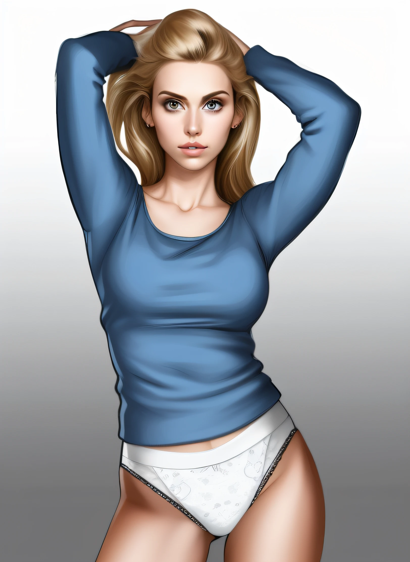 Blonde woman in blue sweater and white cotton panties, realistic art style, intricate details