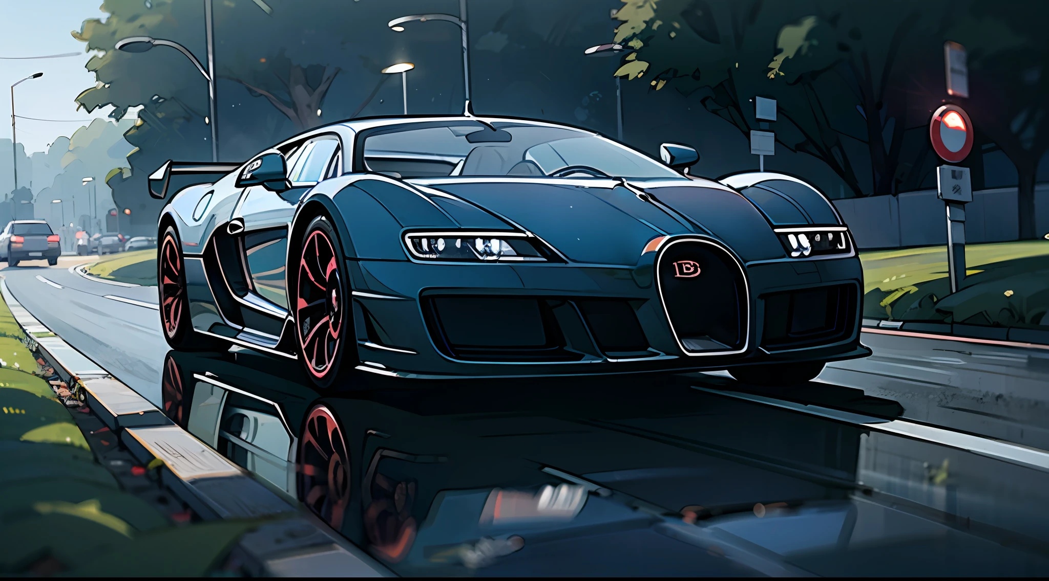 Meisterwerk,Best quality,A Bugatti sports car,blacknipples。Lively roadside