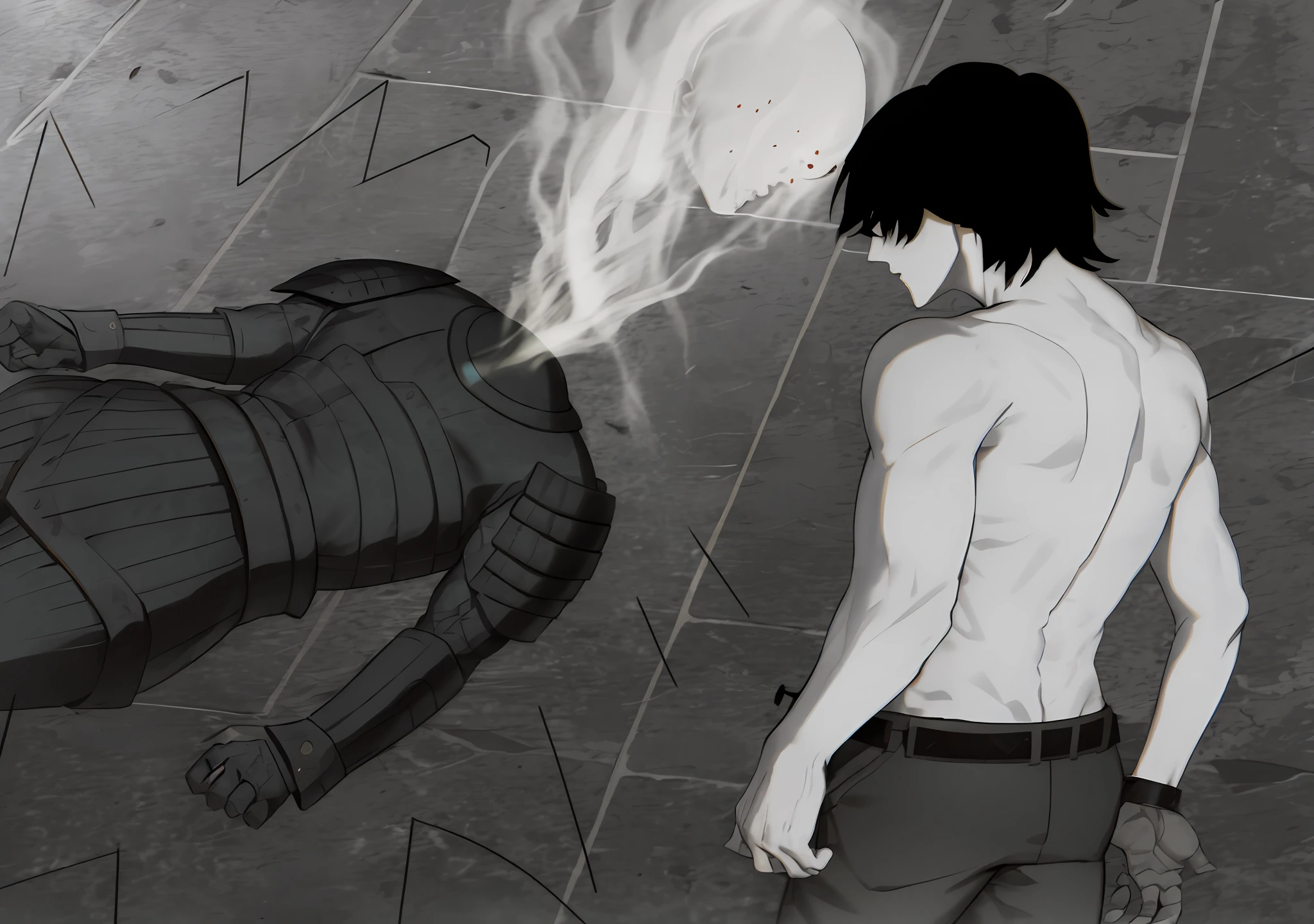 Muscular men kill headless zombies in ancient armor in the tomb