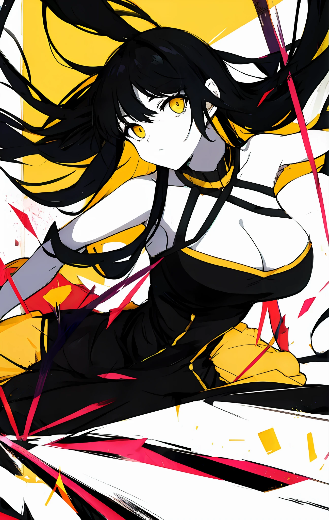 Prone position, front view, from front, looking at viewer, cleavage, squeezed breasts, bare shoulders, falling dress, sleeveless, black hair, bright yellow eyes, high contrast