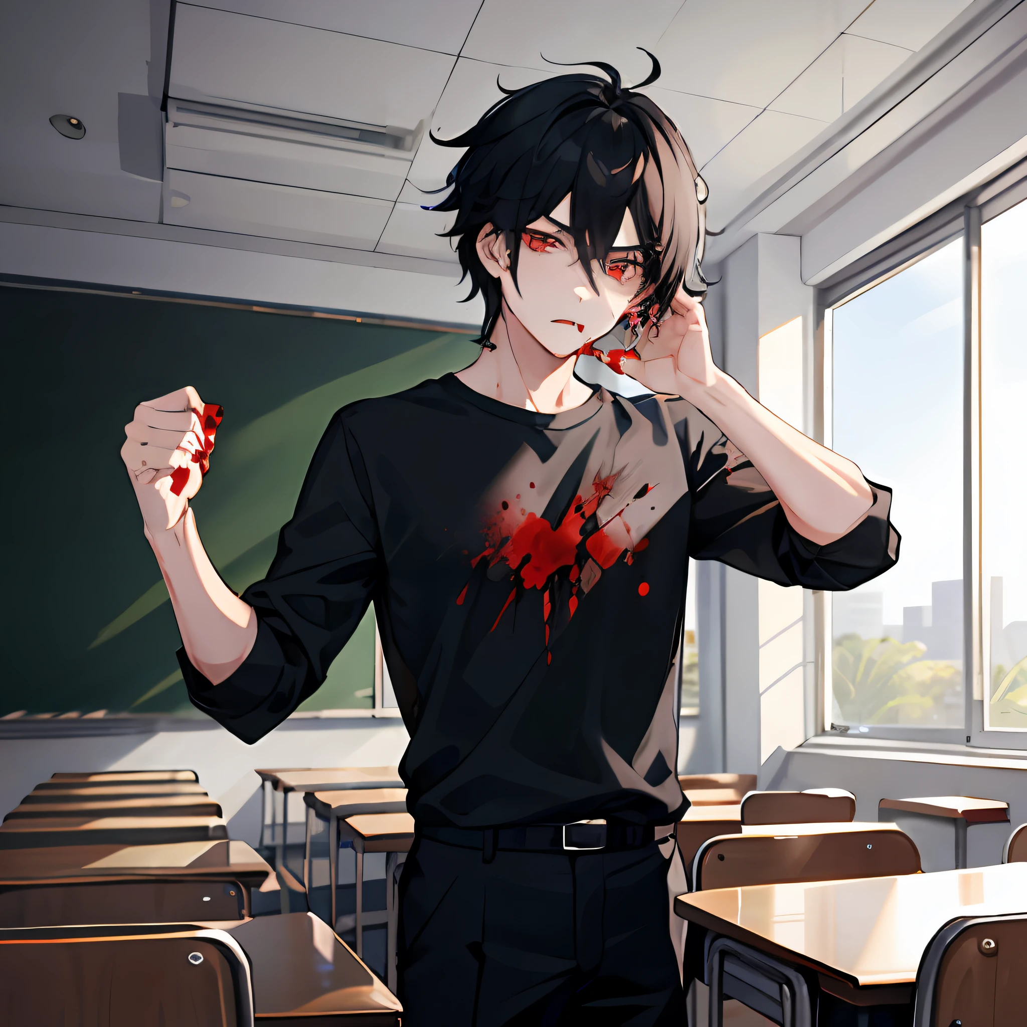 1boy，black color hair，Black shirt，red eyes，slacks，Camisa，Messy hair, 8k 分辨率, Classroom，Dilapidated classrooms，Fierce，fierce look，Fighting posture，There is blood on the face，Domineering side leakage，Murderous eyes，upper bust，