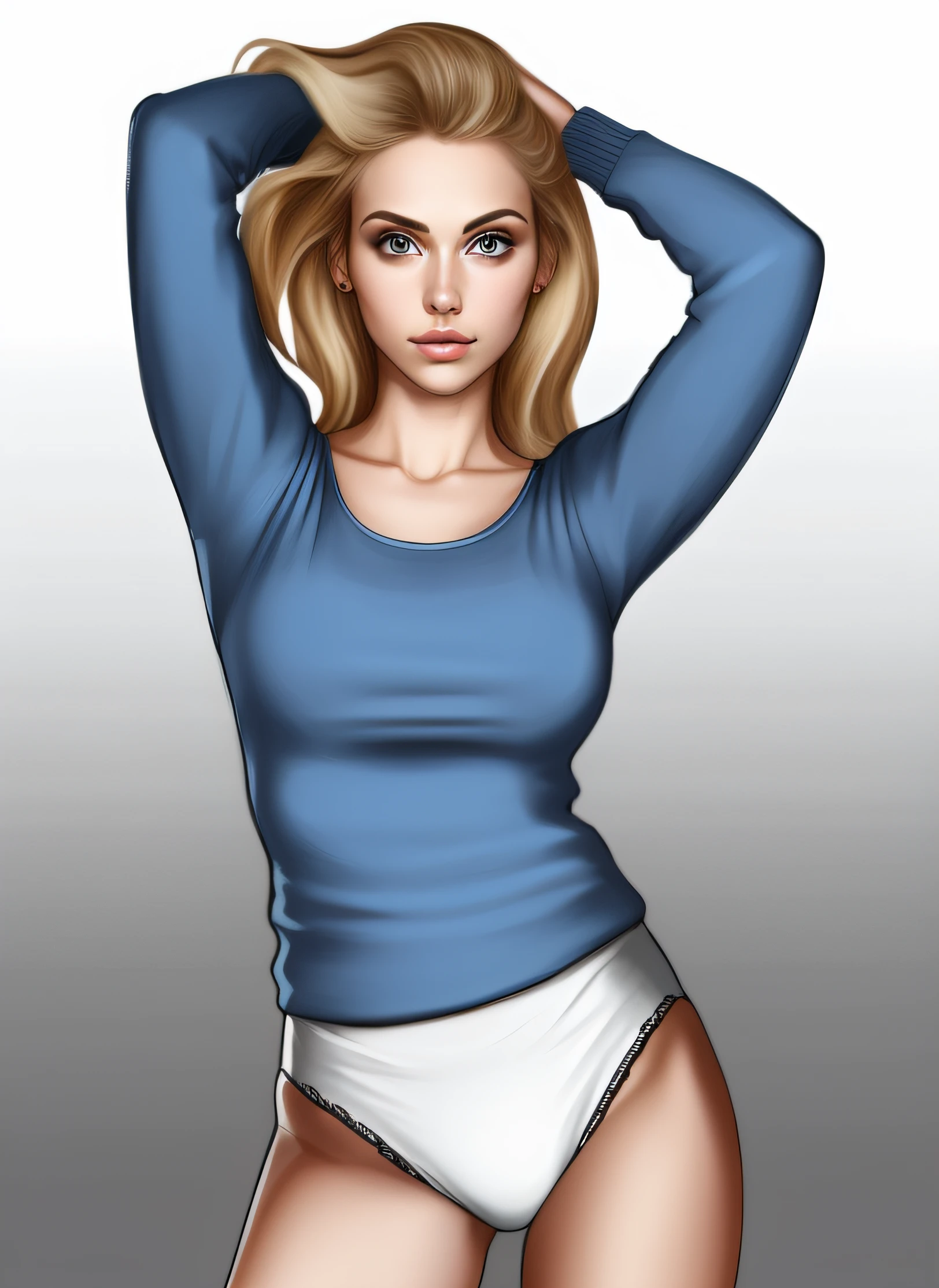 Blonde woman in blue sweater and white cotton panties, realistic art style, intricate details