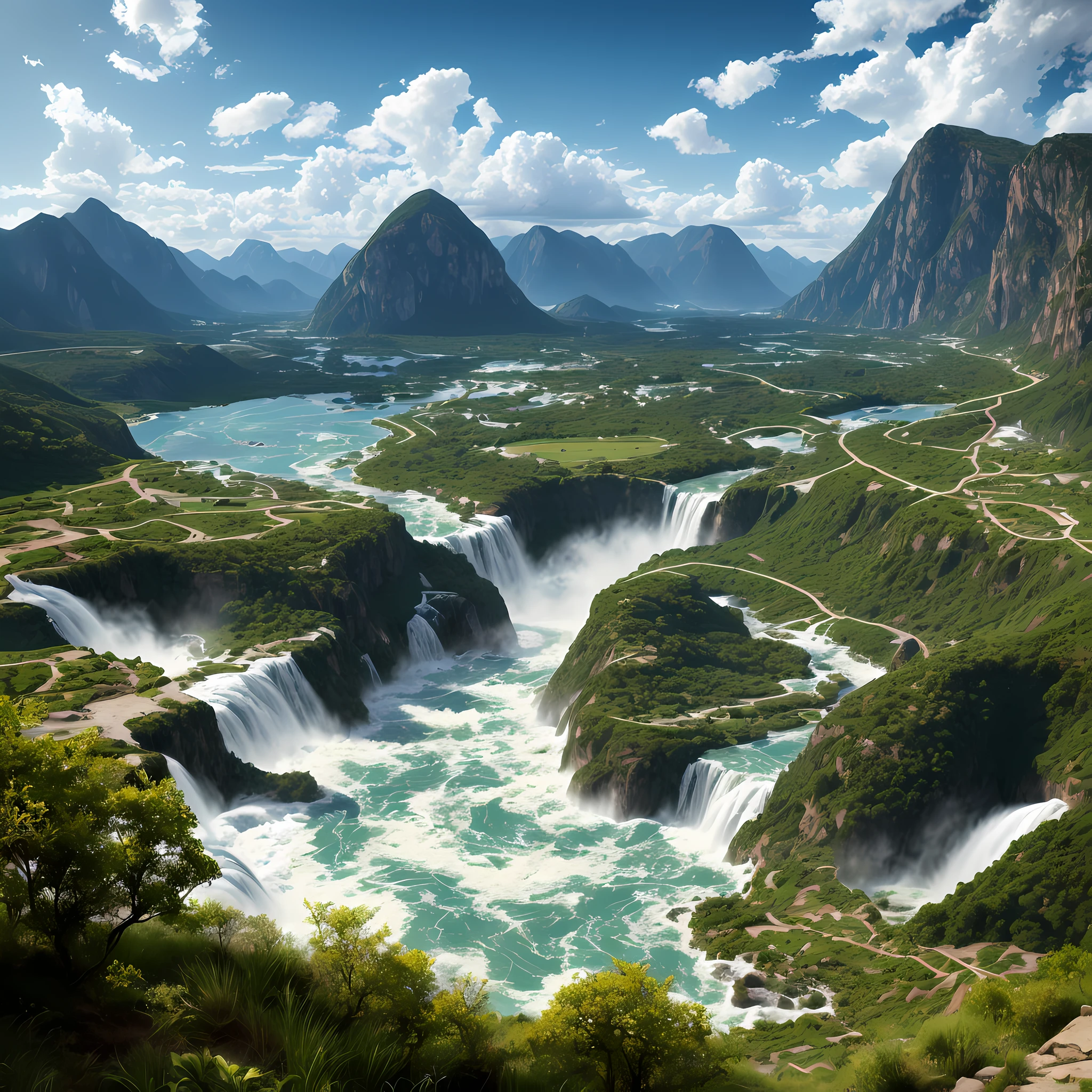 Surrealism, ray tracing, Sony FE GM, UHD, masterpiece, high quality,(((Meisterwerk))), Complex landscape, best quarity, hig quality, 极其详细的CG Unity 8k壁纸, landscape, out door, heavens, yun, sky, no People, yama, Landscape, water,, SHU, a blue sky, Water Falls, cliff, natural,, lake, elven, Cloudy Sky, award winning photography, bokeh, depth offield, HDR, Flood, color difference , lifelike, Very Detail, trend in the art station, CGsociety trend, sophisticated, high detailled, Dramatic,Midjourney art,Vast landscape,small mountains --auto