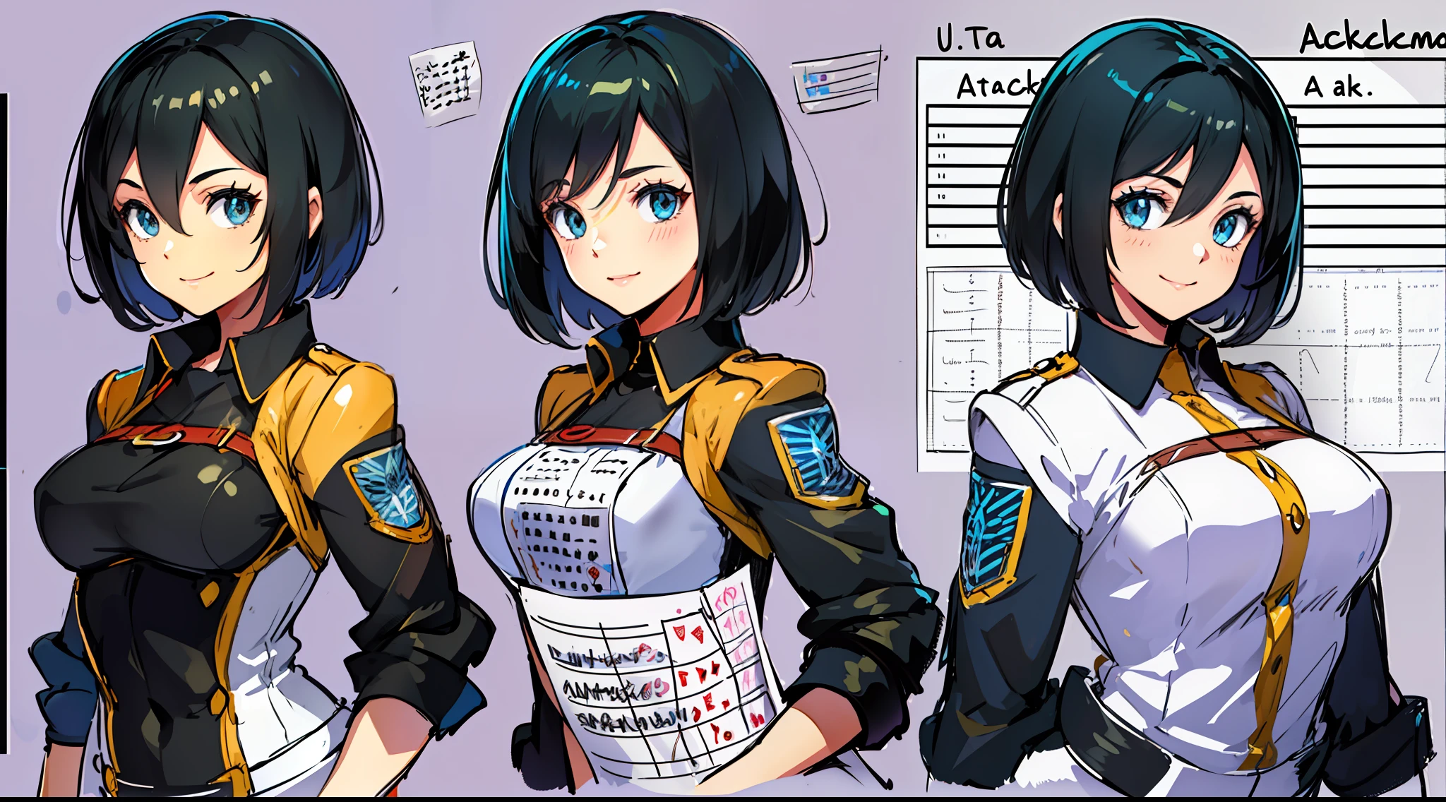 (masterpiece), ultra detailed, 8k, ((A character sheet:1.4)) or reference sketch of a a beauty gal girl who looks like Pokemon's Mai, with an uniform, she has short hair, and she smiling, with black hair, ultra realistic and sharp detail and intricate, intricate details, and style, simple background illustration, Mikasa Ackerman