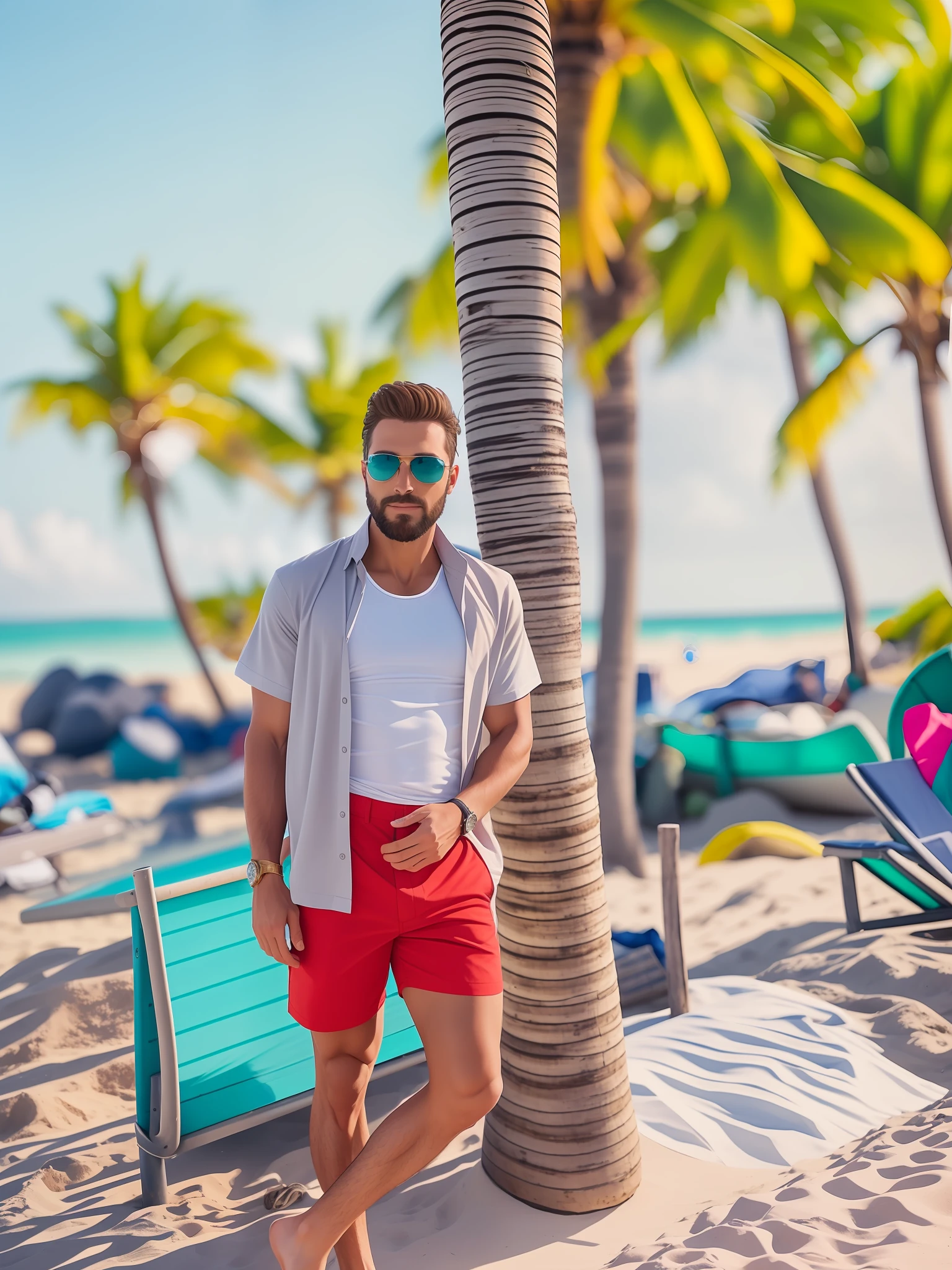 there is a man standing on the beach next to a palm tree, wearing black and gold sunglasses, wearing red shorts, chest and stomach visible, some hair on chest and stomach, no abs, palm trees in the background, with palm trees in the back, vacation photo, posing on a beach with the ocean, at a tropical beach, standing near the beach, shot on Samsung galaxy, standing at the beach, photorealistic