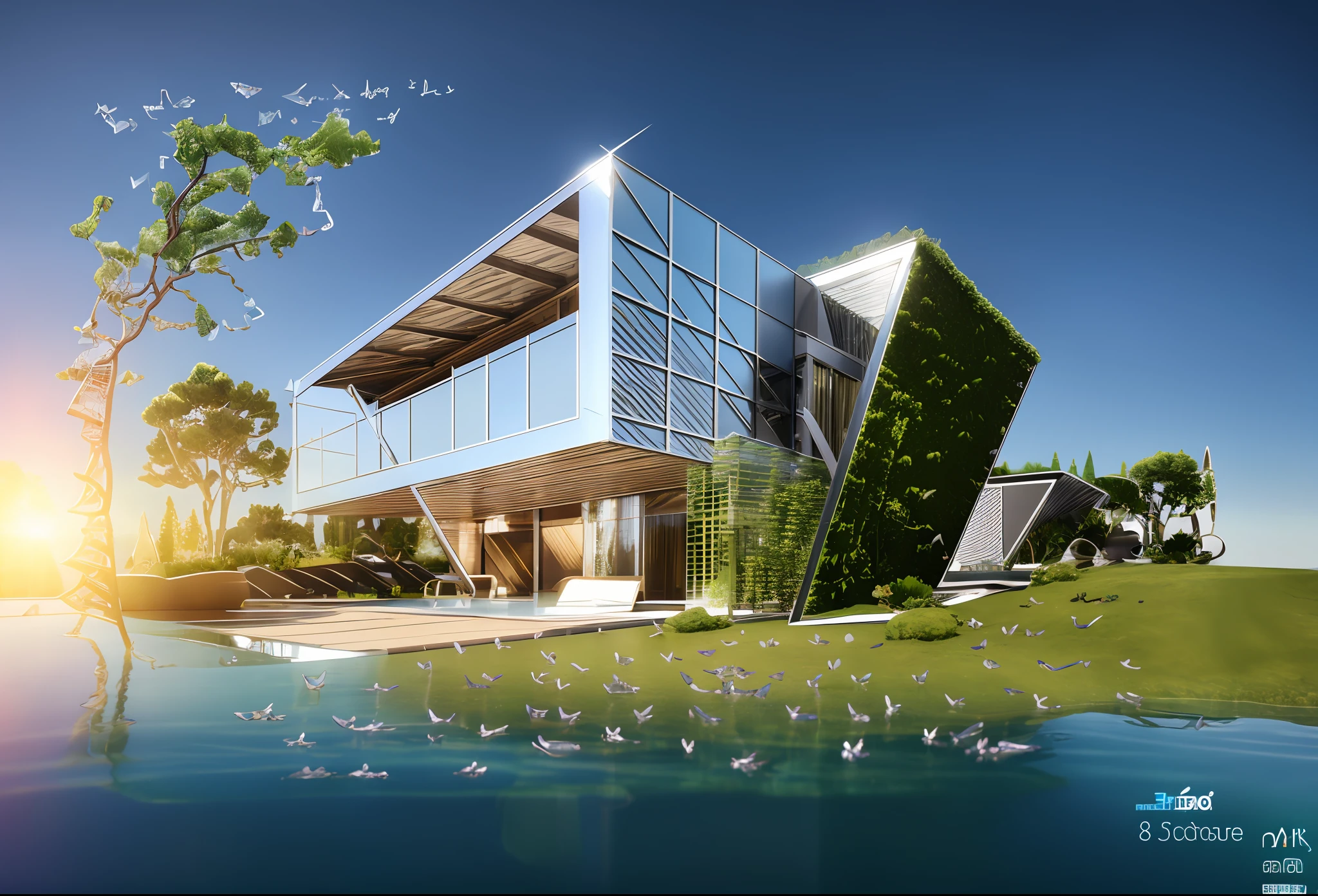 ((master masterpiece,best quarity)), 8k, Modern architecture, Photo realistic, hyperedetailed photo, Single box, 建筑物的数字 3D 渲染, Glass architecture, Tilt flare, body of water, SUNNY DAY,hyper-realistic
