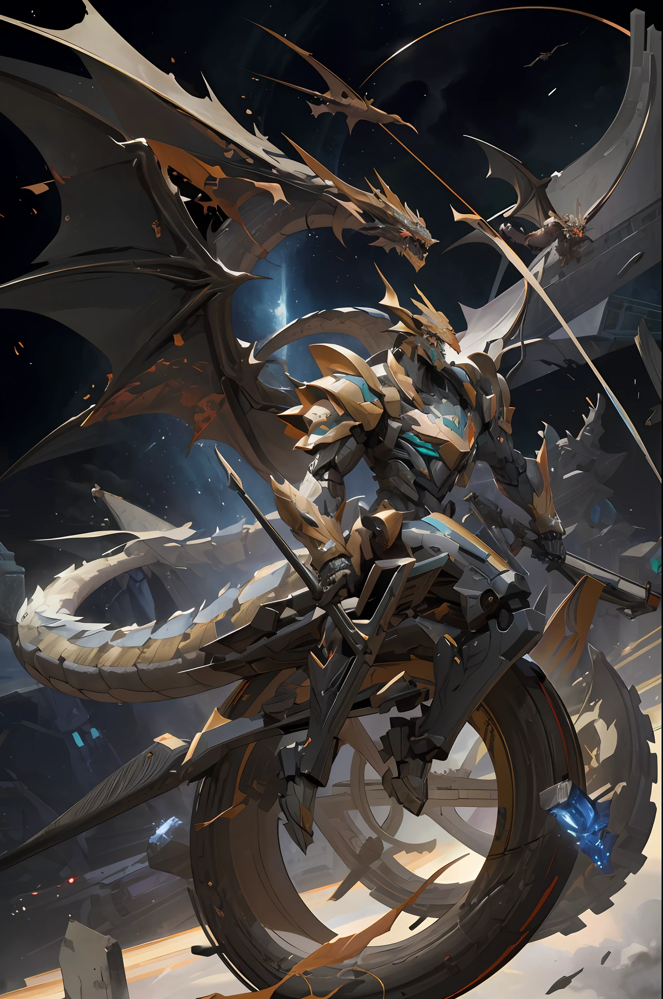 there is a dragon riding a motorcycle in the sky, cyborg dragon portrait, dragon cyborg, 2. 5 d cgi anime fantasy artwork, epic fantasy sci fi illustration, by Yang J, highly detailed fantasy art, well armored mech dragon, colossal dragon as background, epic scifi fantasy art, 4k highly detailed digital art, pterodactyl mecha, detailed fantasy art