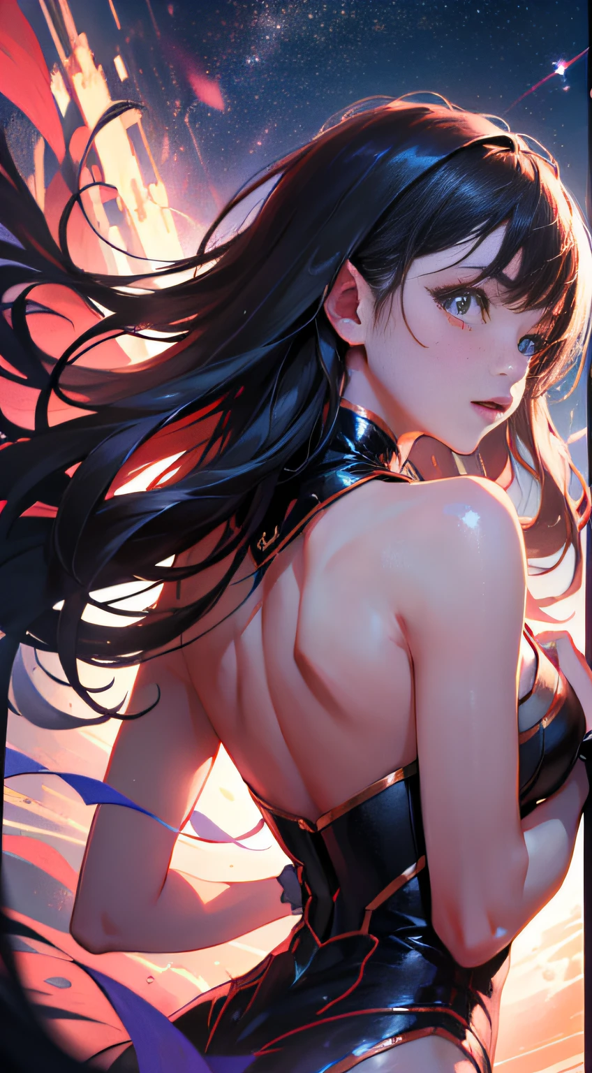 (solo girl:1.2,shot from back,dynamic pose:1.1),(Swirling Large Head:1.3), best quality, high resolution, cinematic, movie still, dramatic lighting, texture-rich