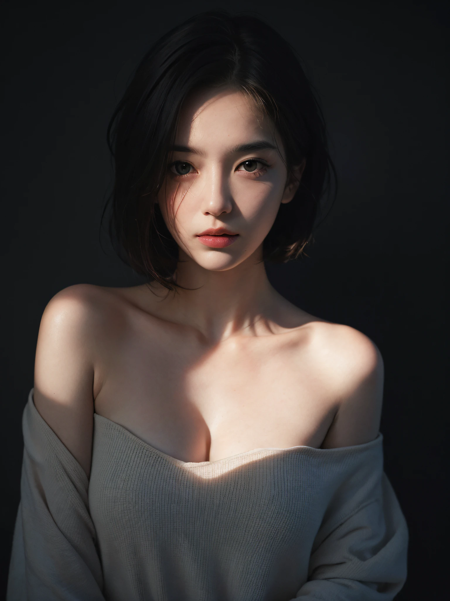 Best quality, masterpiece, ultra high res, (photorealistic:1.5), raw photo, 1girl, offshoulder, in the dark, deep shadow, low key, cold light, sexy look, short hair