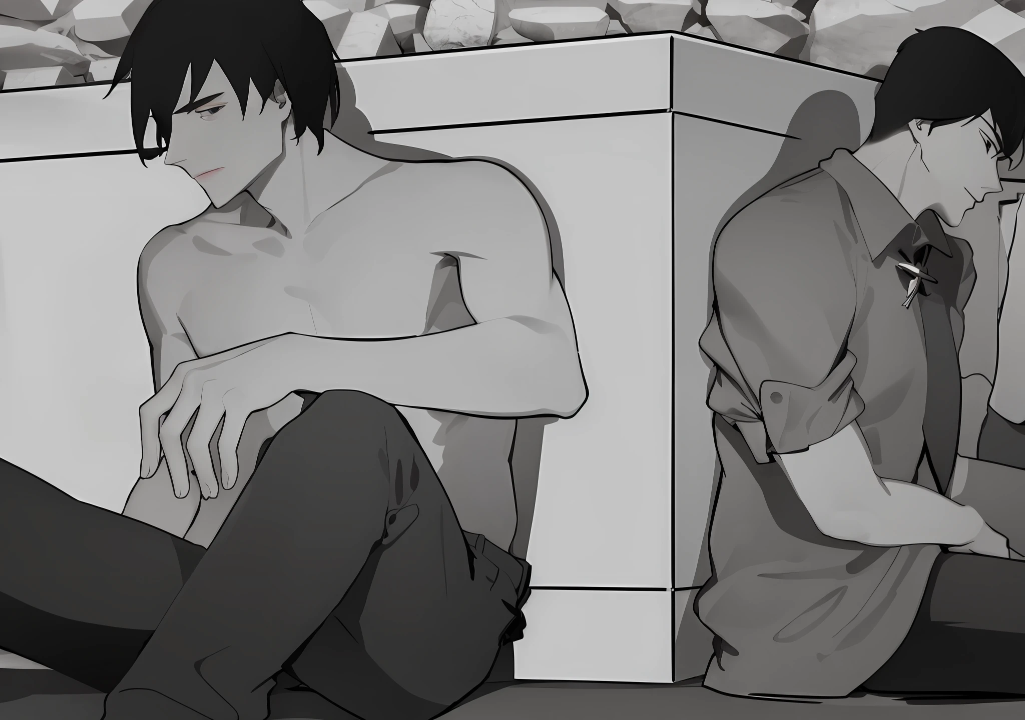 In the tomb, two men leaned their backs against the coffin