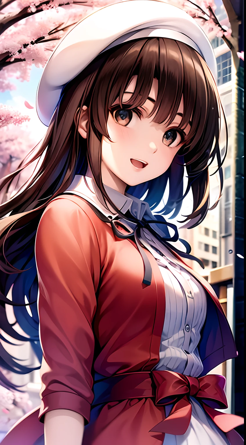 ((masterpiece,best quality, detailed)), deep shadows, hard rim lighting, dramatic lighting, sharp focus, looking at viewer, ambient light,
outdoors, floating hair, wind, cherry blossoms, cowboy shot, katou megumi, white dress, red jacket, neck ribbon, beret, frills, bow, smile, open mouth, waving