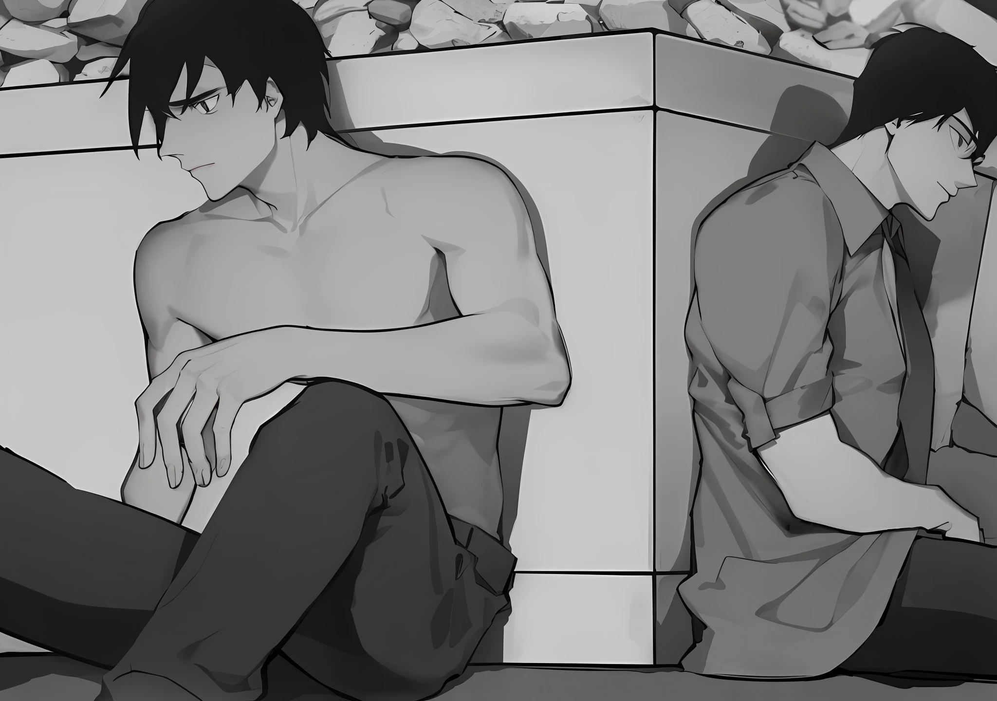 In the tomb, two men leaned their backs against the coffin