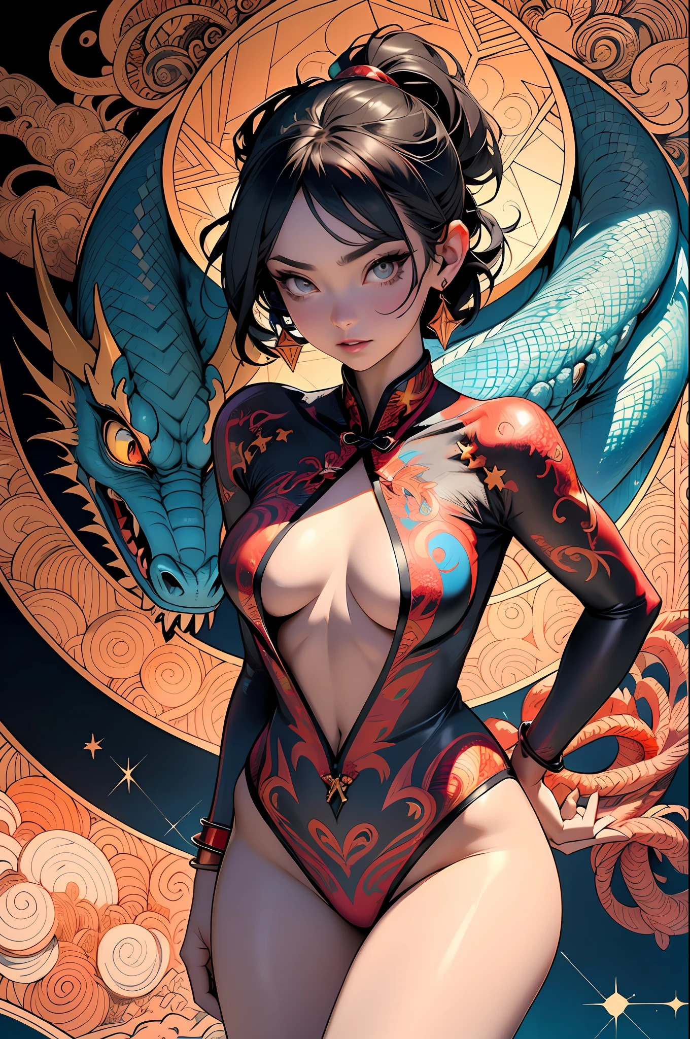 absurd, highres, ultra detailed, (ultra-detailed background, detailed background), extremely detailed, flame demon woman, adult woman, perfect adult face, 35 years old, (zentangle:1.2), (geometric:1.2), colorful, full body, sexy pose, short clothes, dragon tattoo, stars, tiny thong, almost naked, muscular, perfect body, vietnamese ornaments, demon of japanese culture