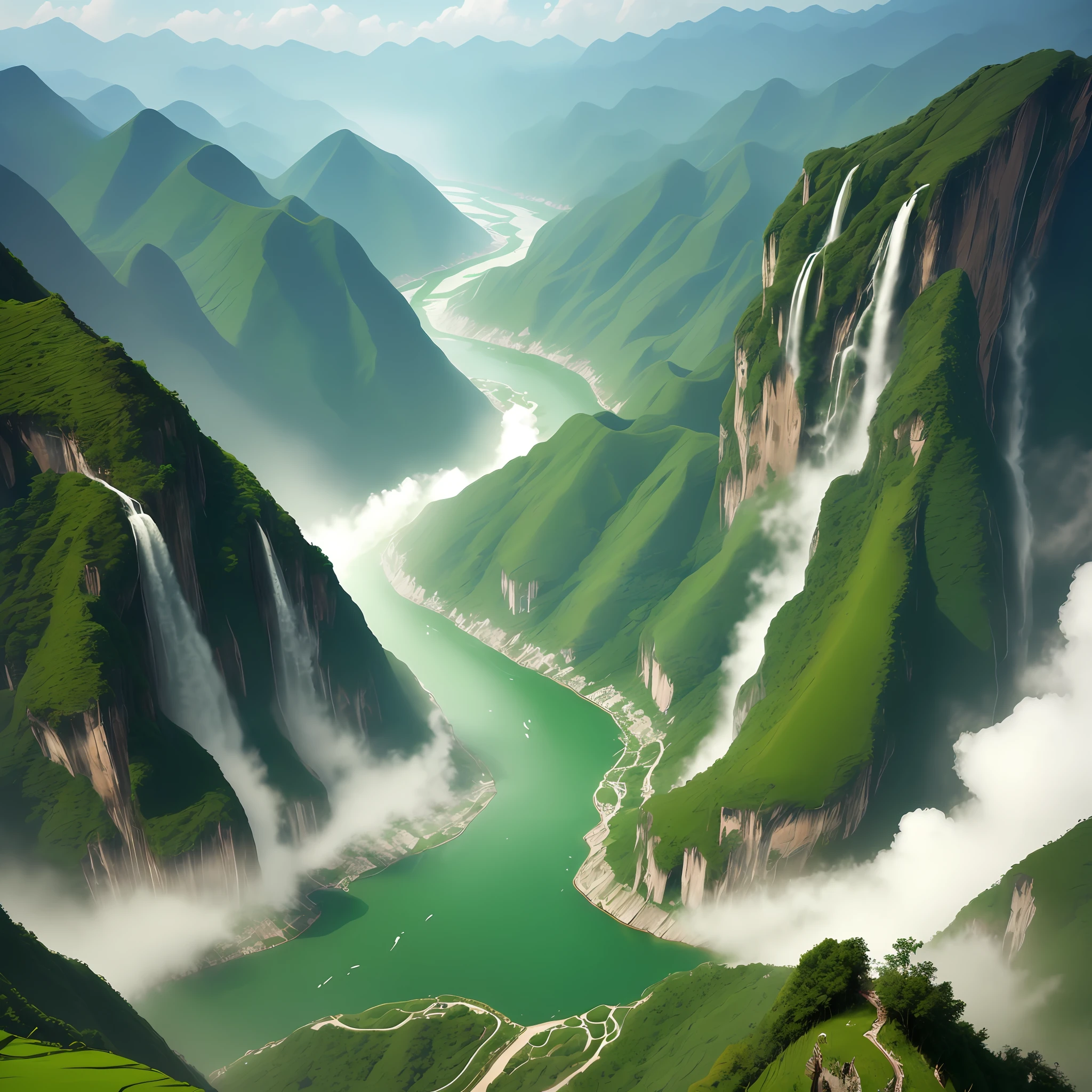 Surrealism, ray tracing, Sony FE GM, UHD, masterpiece, high quality,(((Meisterwerk))), Complex landscape, best quarity, hig quality, 极其详细的CG Unity 8k壁纸, landscape, out door, heavens, yun, sky, no People, yama, Landscape, water,, SHU, a blue sky, Water Falls, cliff, natural,, lake, elven, Cloudy Sky, award winning photography, bokeh, depth offield, HDR, Flood, color difference , lifelike, Very Detail, trend in the art station, CGsociety trend, sophisticated, high detailled, Dramatic,Midjourney art,Vast landscape,small mountains --auto