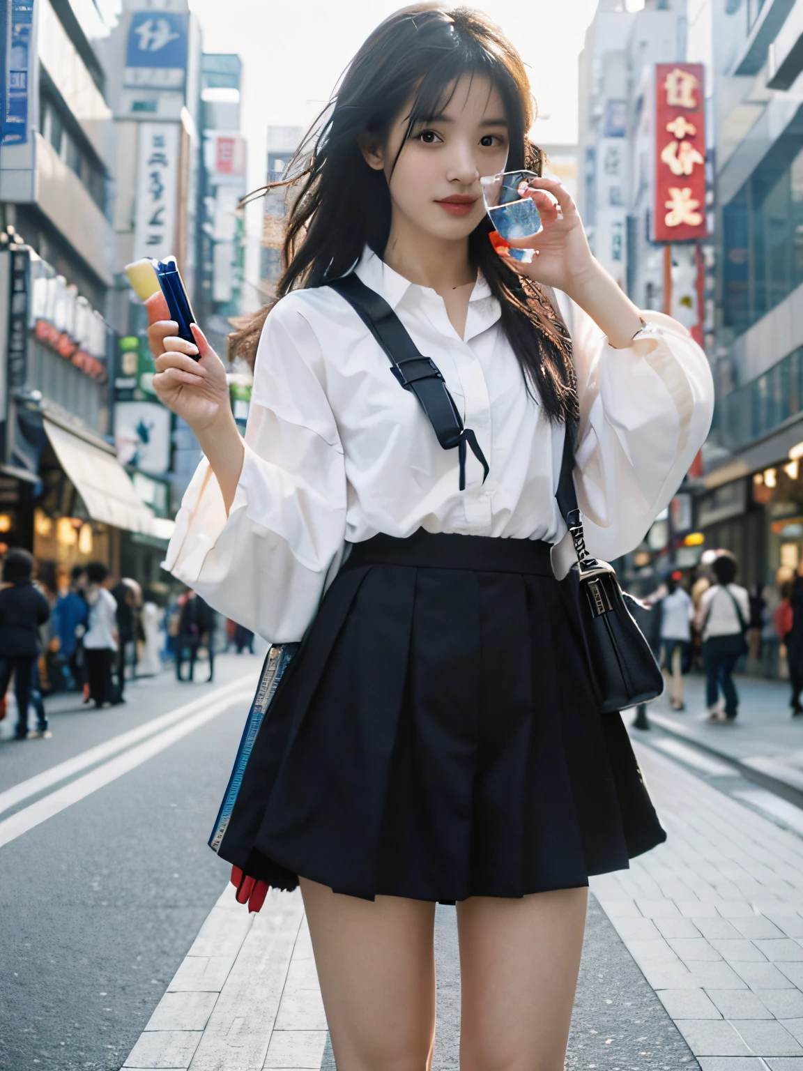 best quarity,master masterpiece,super high res,The streets of Tokyo(JK skirt)(lifelike:1.4),(Turn off the portrait)Raw foto,1女孩,female student,Holding a glass,master masterpiece,Photorealistic photos,Photos of Japan,Fujifilm negative,low saturation,Low Contrast,Pocari sweat advertising((Little Brest))