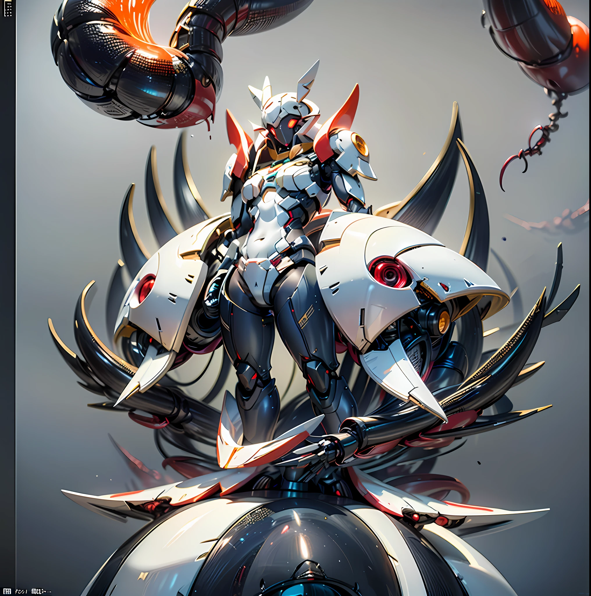 (Dark environment: 2.0) closed room, a maiden armor with intoxicating curves, enchanting charm, plump chest, high degree of anthropomorphism, the armored body is humanized, the armor color is white, the armor surface is randomly symmetrical blue gemstone decoration, the character face is replaced with armor, the vivid face, the mecha body is parasitized by red mechanized octopus tentacles, the mechanical tentacles and the host body are perfectly integrated, the mechanical tentacles are perfectly fused with the host organ, and the armored body has obvious tentacle characteristics, 胸の服は3つに置き換えられます-point underwear formed by mechanical tentacle winding, white chest that exposes human signs, Bat Clothing、It is replaced by a thong formed by mechanized tentacle winding, revealing the white lower abdomen of human signs, the armor back has 4 red and white mechanized tentacles, the tentacles hang straight down, there are no extra tentacles around the character, there are many small flying robots next to the character, 1つのアーマーのみがレンダリングされます, and there is no other armor in the picture,