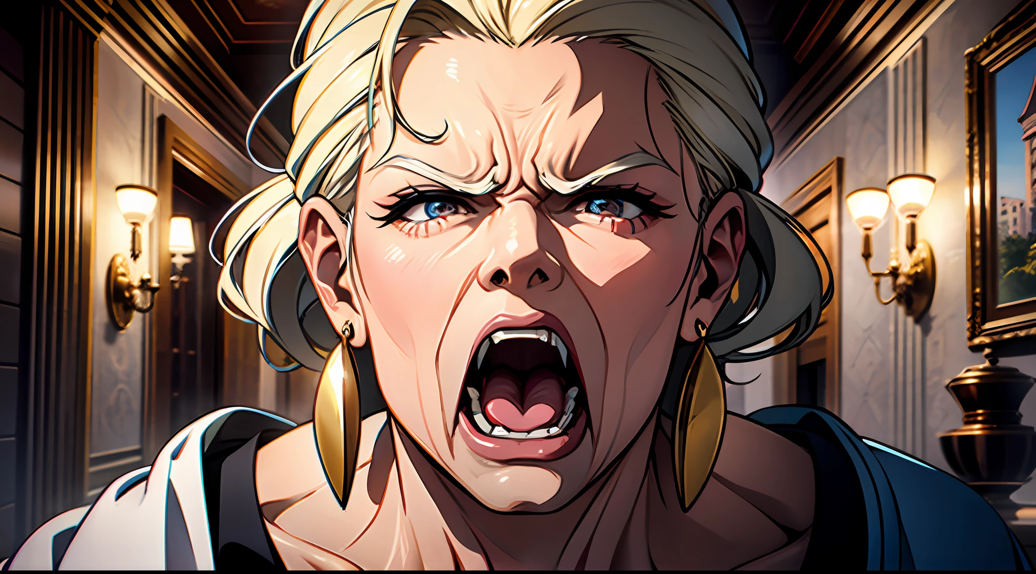 Masterpiece, best quality, 60-year-old woman, angry, swearing, luxurious hall