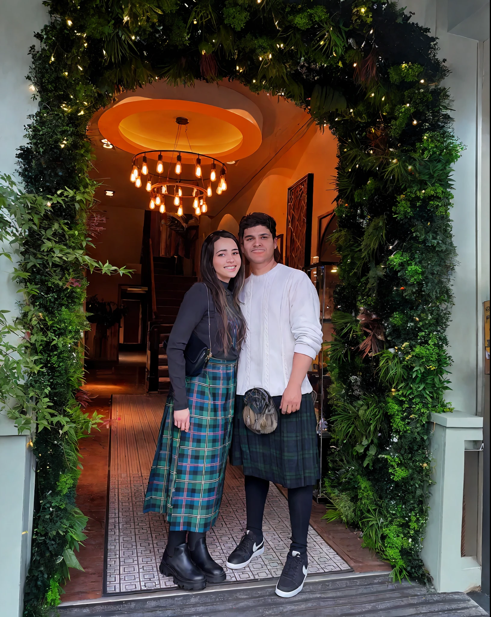 there are two people standing in a doorway of a building, redes de pesca e uma saia longa de tartan, usando um kilt, tartan garment, scottish style, 🤬 🤮 💕 🎀, paramentos tartan, capa de tartan, in scotland, 😭🤮 💔, 😭 🤮 💕 🎀, vestindo um pescador 🧥, com hera, saia xadrez