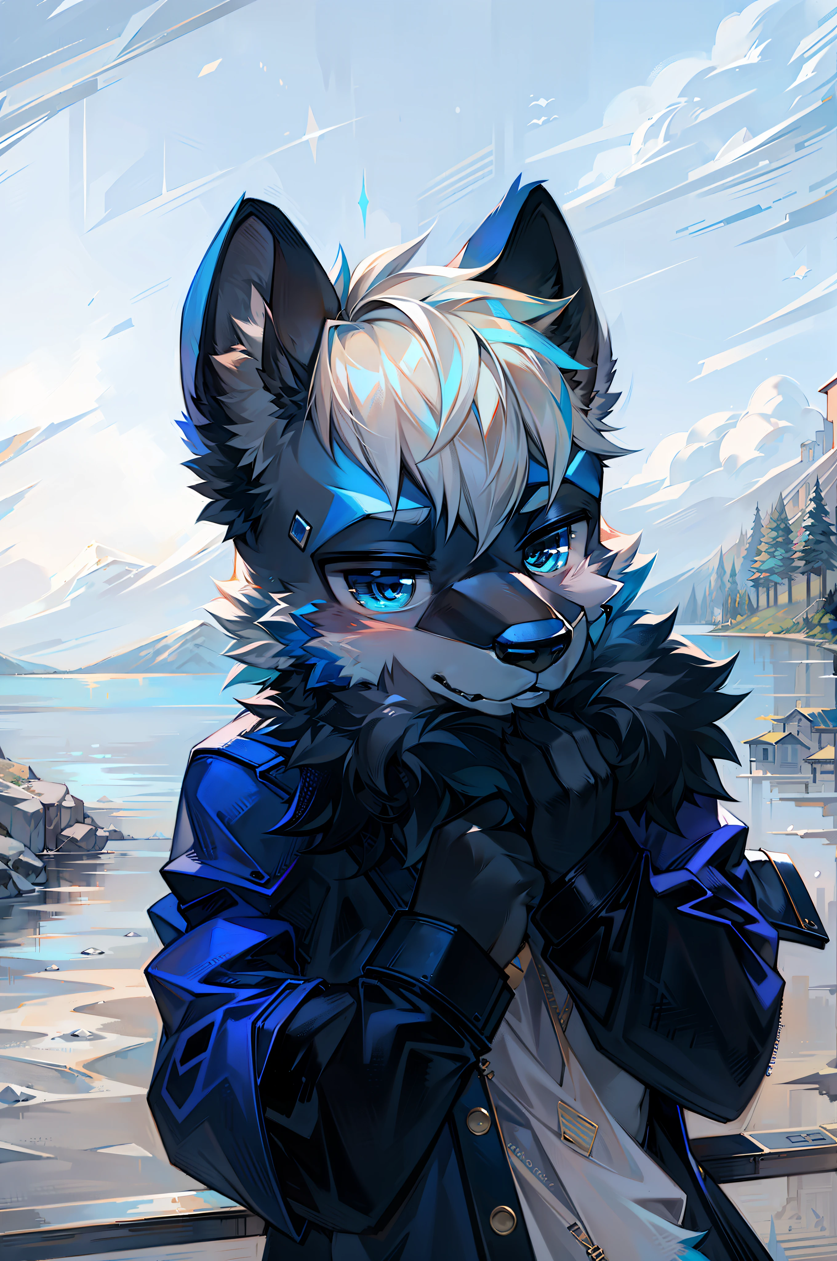 "Blue-black furry anime character，Hairy face，Beautiful furry art，Furry portrait，fursona art，high resolution committee，fursona furry art commission，anthro art，Furry art，fursona commission，Fox portrait，human wolf，Trendy Vsona outfits"