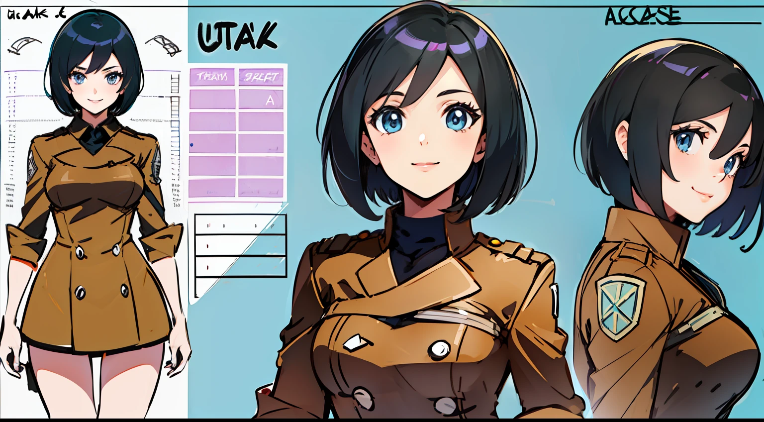 (masterpiece), ultra detailed, 8k, ((A character sheet:1.4)) or reference sketch of a a beauty gal girl who looks like Pokemon's Mai, with an uniform, she has short hair, and she smiling, with black hair, ultra realistic and sharp detail and intricate, intricate details, and style, simple background illustration, Mikasa Ackerman