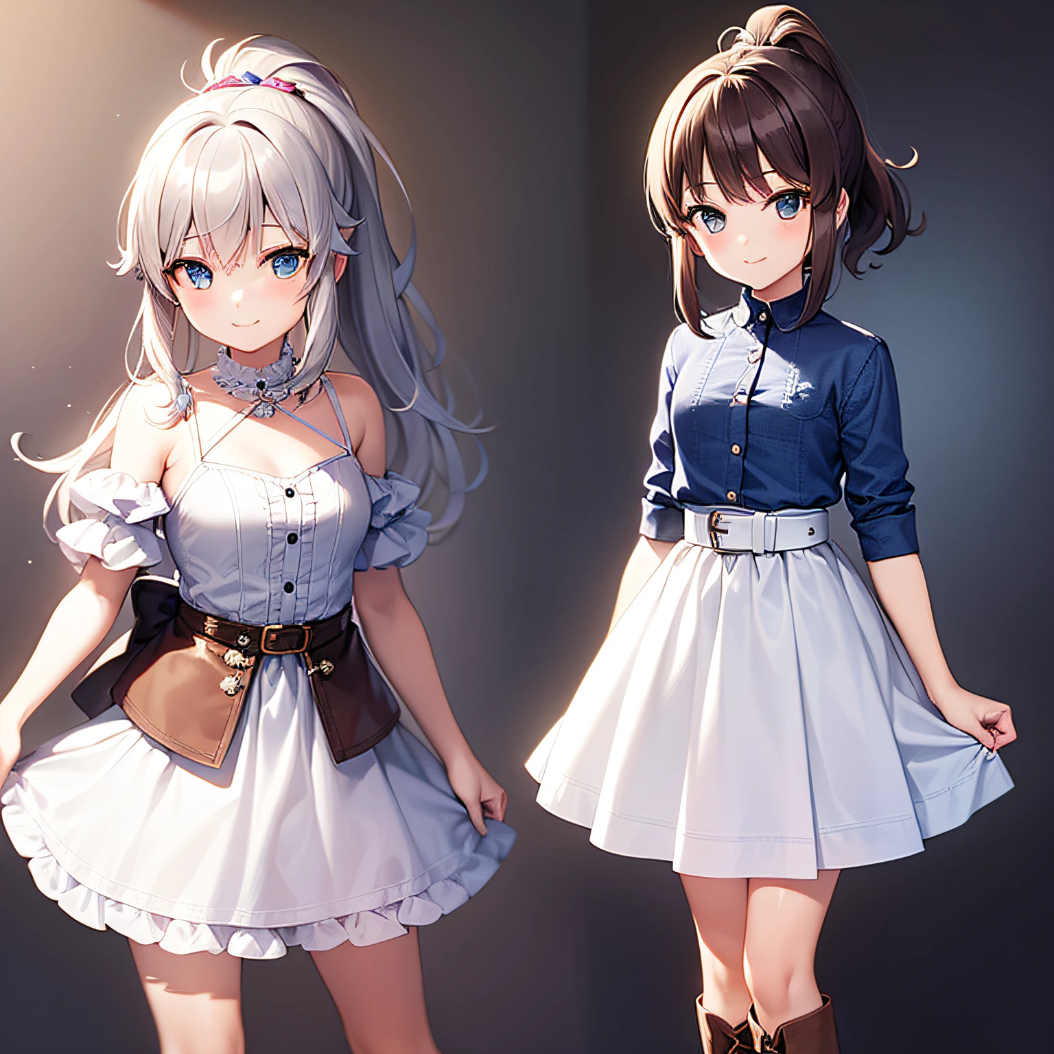 top quality, very delicate and beautiful, girl, 11 years old, (dark brown hair), blue clothes with vertical buttons, belt at the waist, white skirt, (ponytail)), (white hair band), (brown boots), blue eyes, standing, smile,