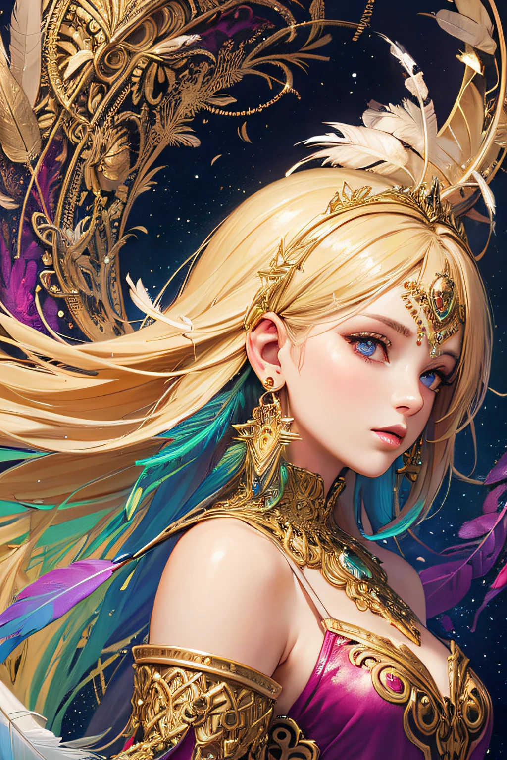 A girl with small breasts, bare shoulders, golden hair, colored feathers, metal ornaments, colored flowers, particles, light rays, (masterpiece, top quality, best quality, official art, beautiful and aesthetic:1.2), (1girl:1.3), extremely detailed,(fractal art:1.1),(colorful:1.1)(flowers:1.3),highest detailed,(zentangle:1.2), (dynamic pose), (abstract background:1.3), (shiny skin), (many colors :1.4), ,(earrings:1.4), (feathers:1.4)