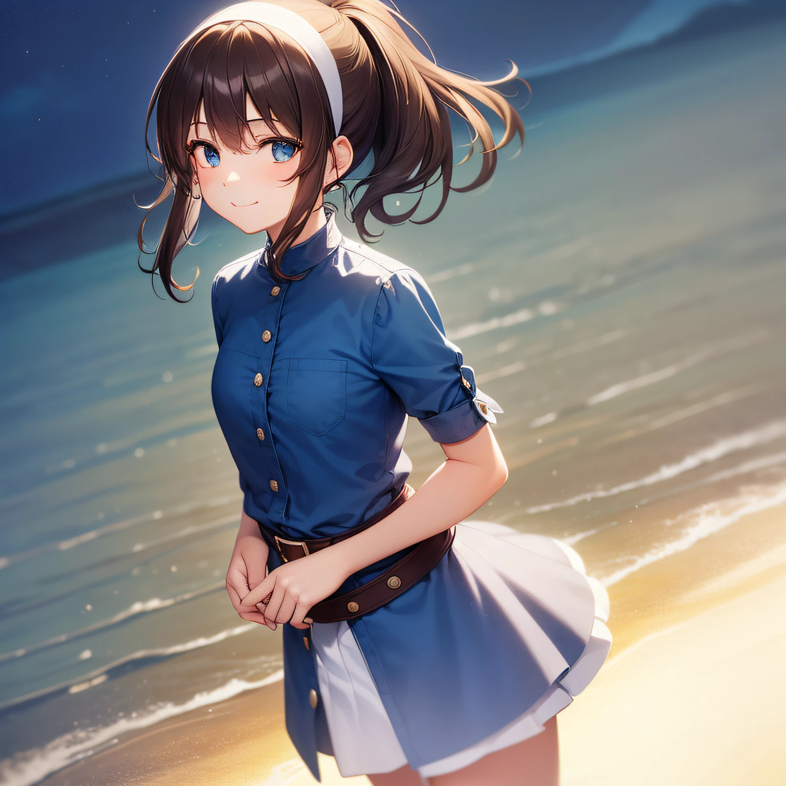 top quality, very delicate and beautiful, girl, , (dark brown hair), blue clothes with vertical buttons, belt at the waist, white skirt, (ponytail)), (white hair band), (brown boots), blue eyes, standing, smile,