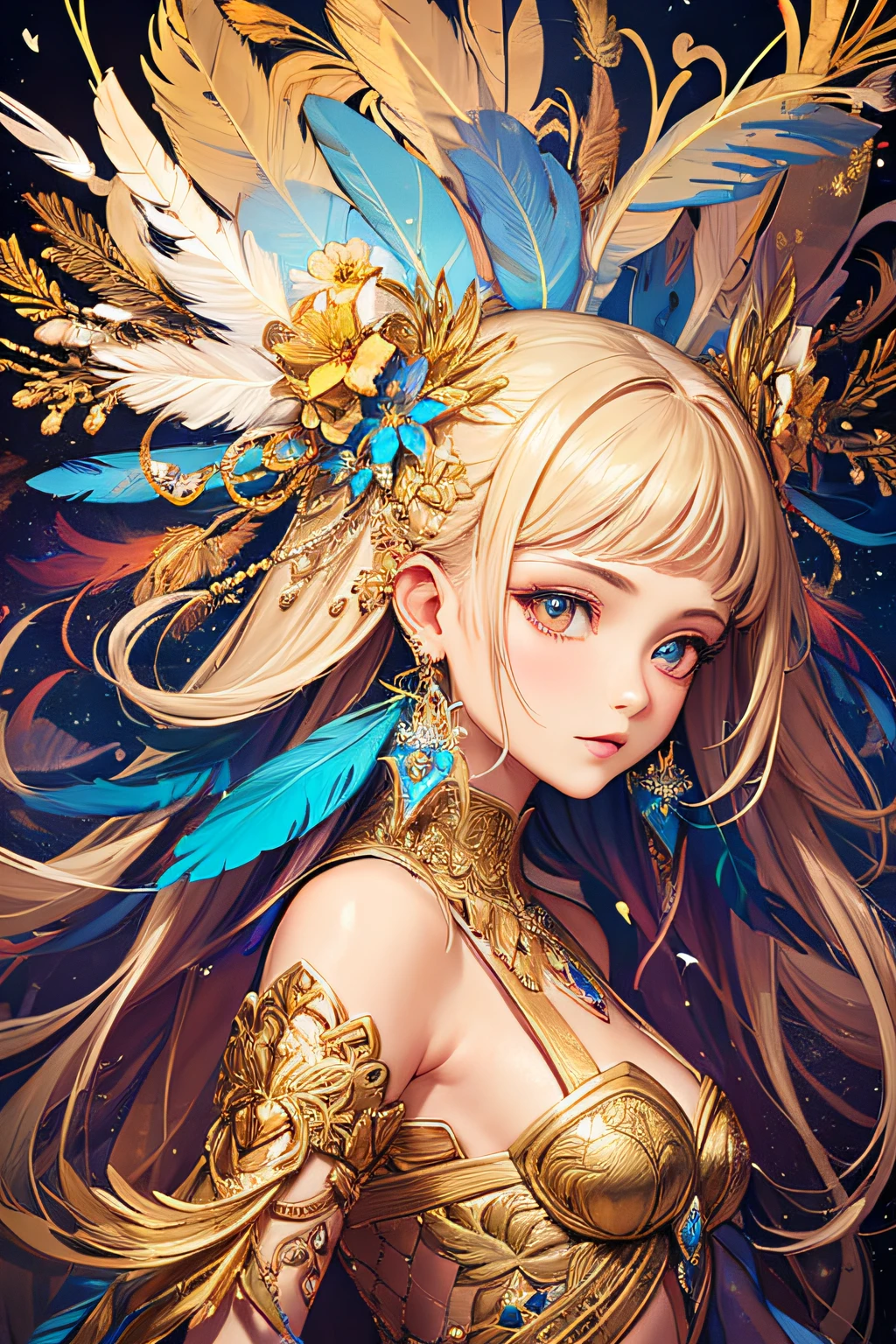 A girl with small breasts, bare shoulders, golden hair, colored feathers, metal ornaments, colored flowers, particles, light rays, (masterpiece, top quality, best quality, official art, beautiful and aesthetic:1.2), (1girl:1.3), extremely detailed,(fractal art:1.1),(colorful:1.1)(flowers:1.3),highest detailed,(zentangle:1.2), (dynamic pose), (abstract background:1.3), (shiny skin), (many colors :1.4), ,(earrings:1.4), (feathers:1.4)