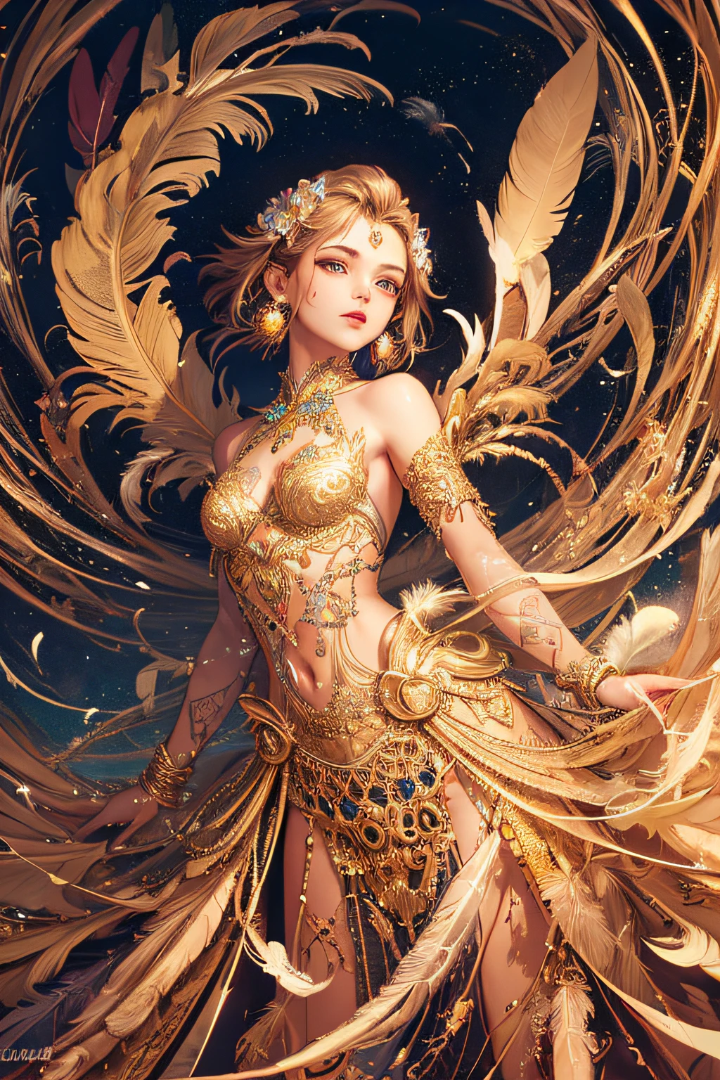 A girl with small breasts, bare shoulders, golden hair, colored feathers, metal ornaments, colored flowers, particles, light rays, (masterpiece, top quality, best quality, official art, beautiful and aesthetic:1.2), (1girl:1.3), extremely detailed,(fractal art:1.1),(colorful:1.1)(flowers:1.3),highest detailed,(zentangle:1.2), (dynamic pose), (abstract background:1.3), (shiny skin), (many colors :1.4), ,(earrings:1.4), (feathers:1.4)