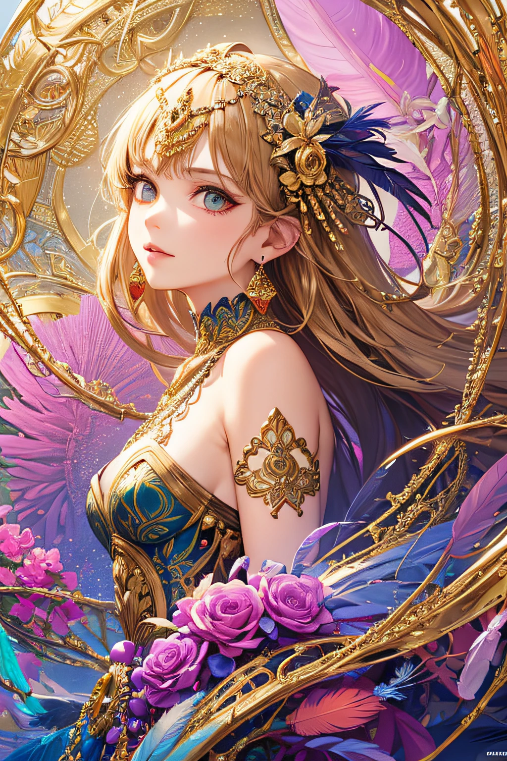 A girl with small breasts, bare shoulders, golden hair, colored feathers, metal ornaments, colored flowers, particles, light rays, (masterpiece, top quality, best quality, official art, beautiful and aesthetic:1.2), (1girl:1.3), extremely detailed,(fractal art:1.1),(colorful:1.1)(flowers:1.3),highest detailed,(zentangle:1.2), (dynamic pose), (abstract background:1.3), (shiny skin), (many colors :1.4), ,(earrings:1.4), (feathers:1.4)